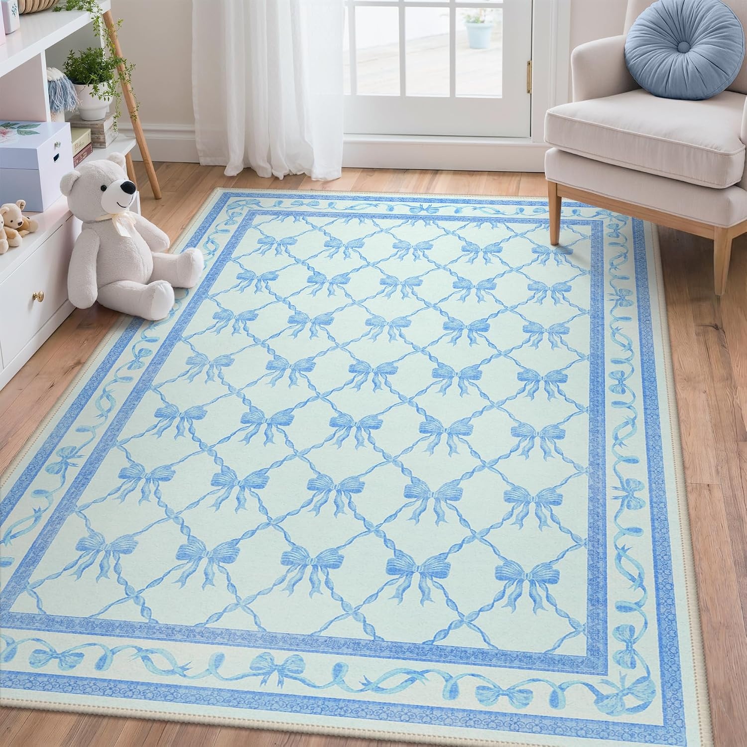 image:imageGENIMO Area Rugs 6X9 for Living Room Bedroom Machine Washable Non Slip Flower Bow Rug Low Pile Soft Cute Floral Rug for Dining Room Girls Room Nursery Room and Playroom Pink BowSky Blue Bow