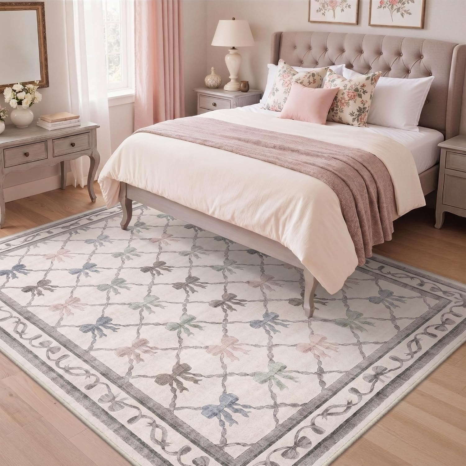 image:imageGENIMO Area Rugs 6X9 for Living Room Bedroom Machine Washable Non Slip Flower Bow Rug Low Pile Soft Cute Floral Rug for Dining Room Girls Room Nursery Room and Playroom Pink BowPastel Multi Bow