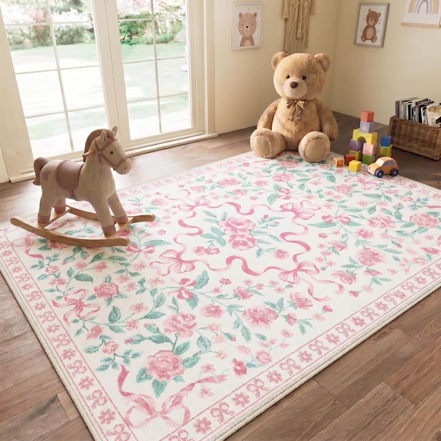 image:imageGENIMO Area Rugs 6X9 for Living Room Bedroom Machine Washable Non Slip Flower Bow Rug Low Pile Soft Cute Floral Rug for Dining Room Girls Room Nursery Room and Playroom Pink BowPink Floral Bow