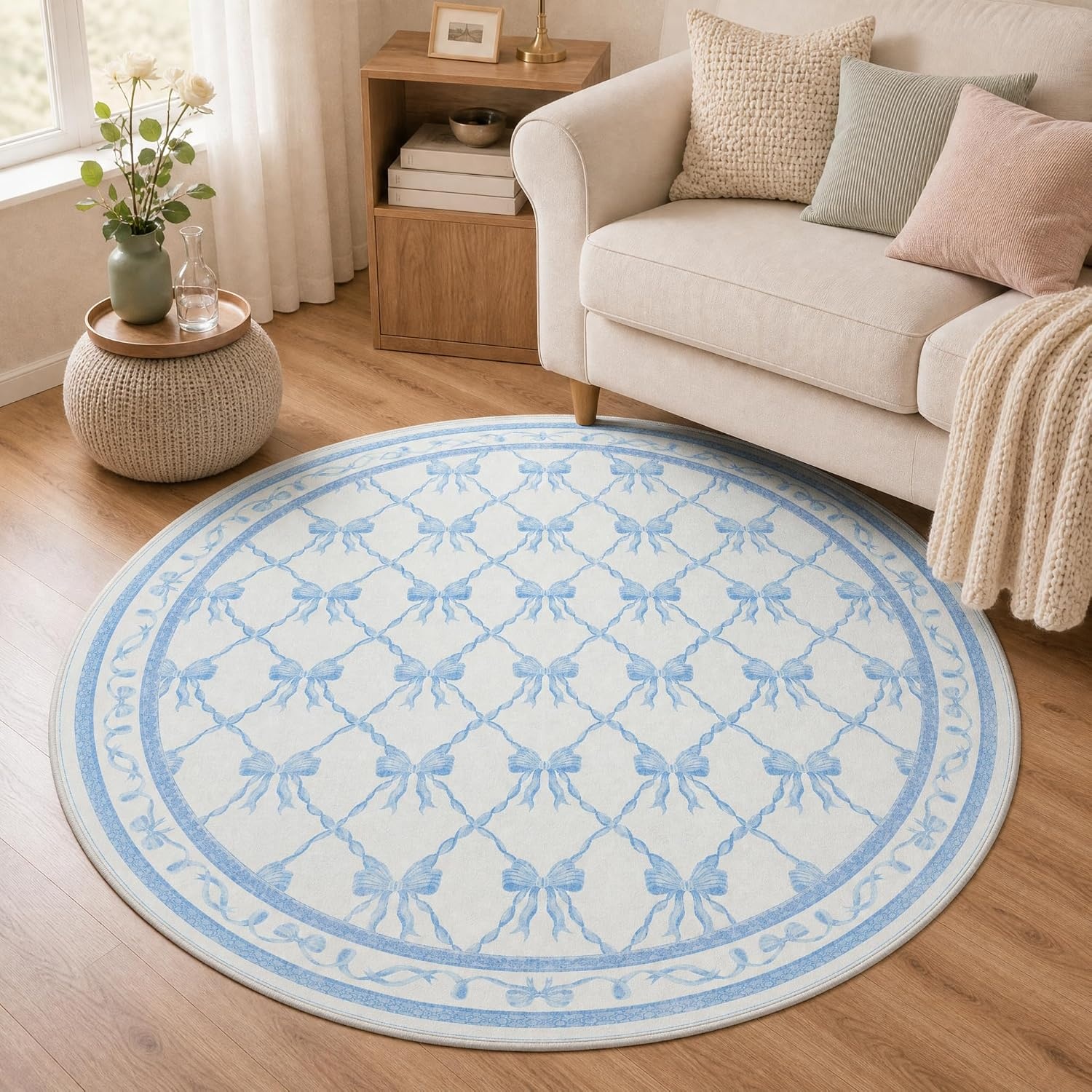 image:imageGENIMO Area Rugs 6X9 for Living Room Bedroom Machine Washable Non Slip Flower Bow Rug Low Pile Soft Cute Floral Rug for Dining Room Girls Room Nursery Room and Playroom Pink BowSky Blue Bow