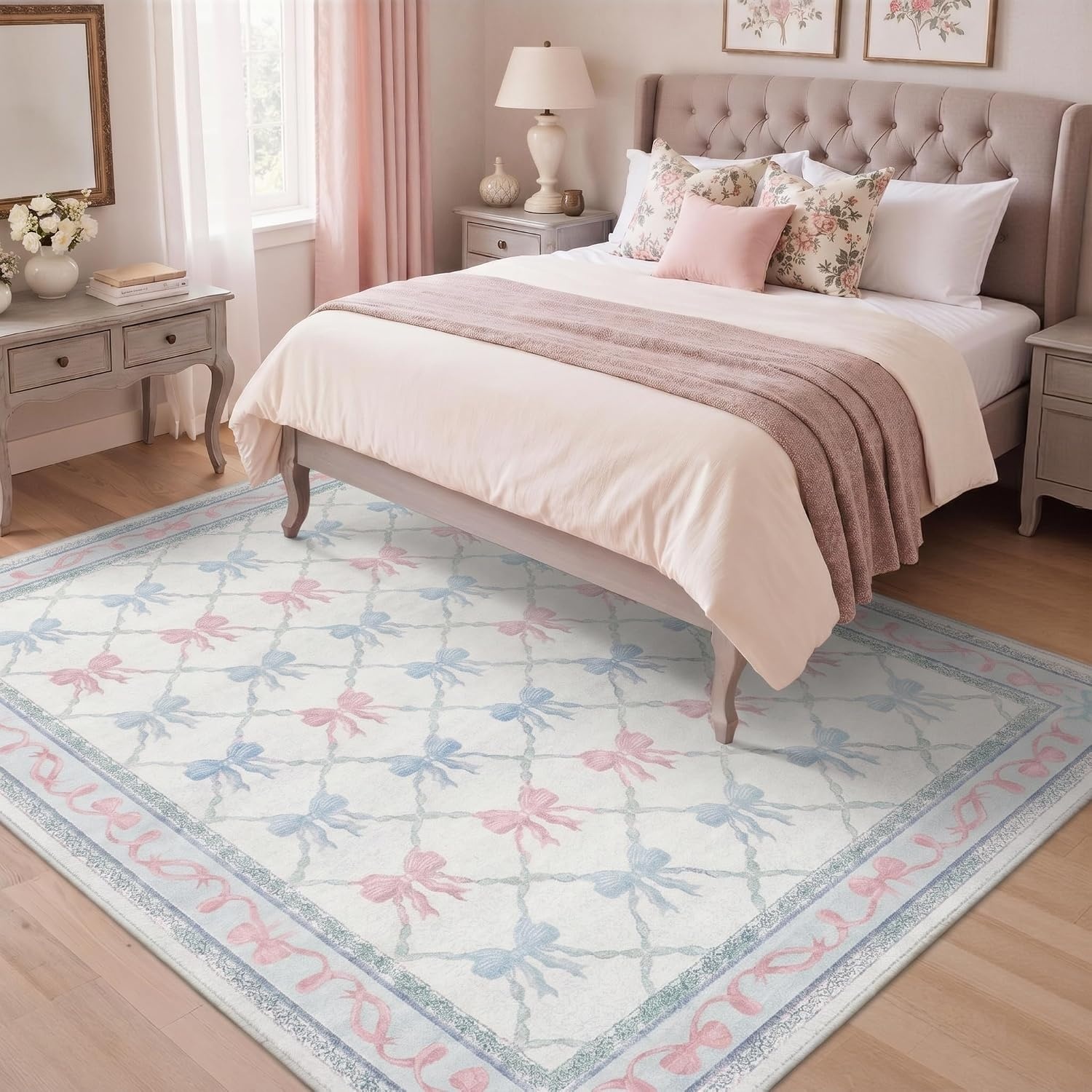 image:imageGENIMO Area Rugs 6X9 for Living Room Bedroom Machine Washable Non Slip Flower Bow Rug Low Pile Soft Cute Floral Rug for Dining Room Girls Room Nursery Room and Playroom Pink BowBlue Pink Bow