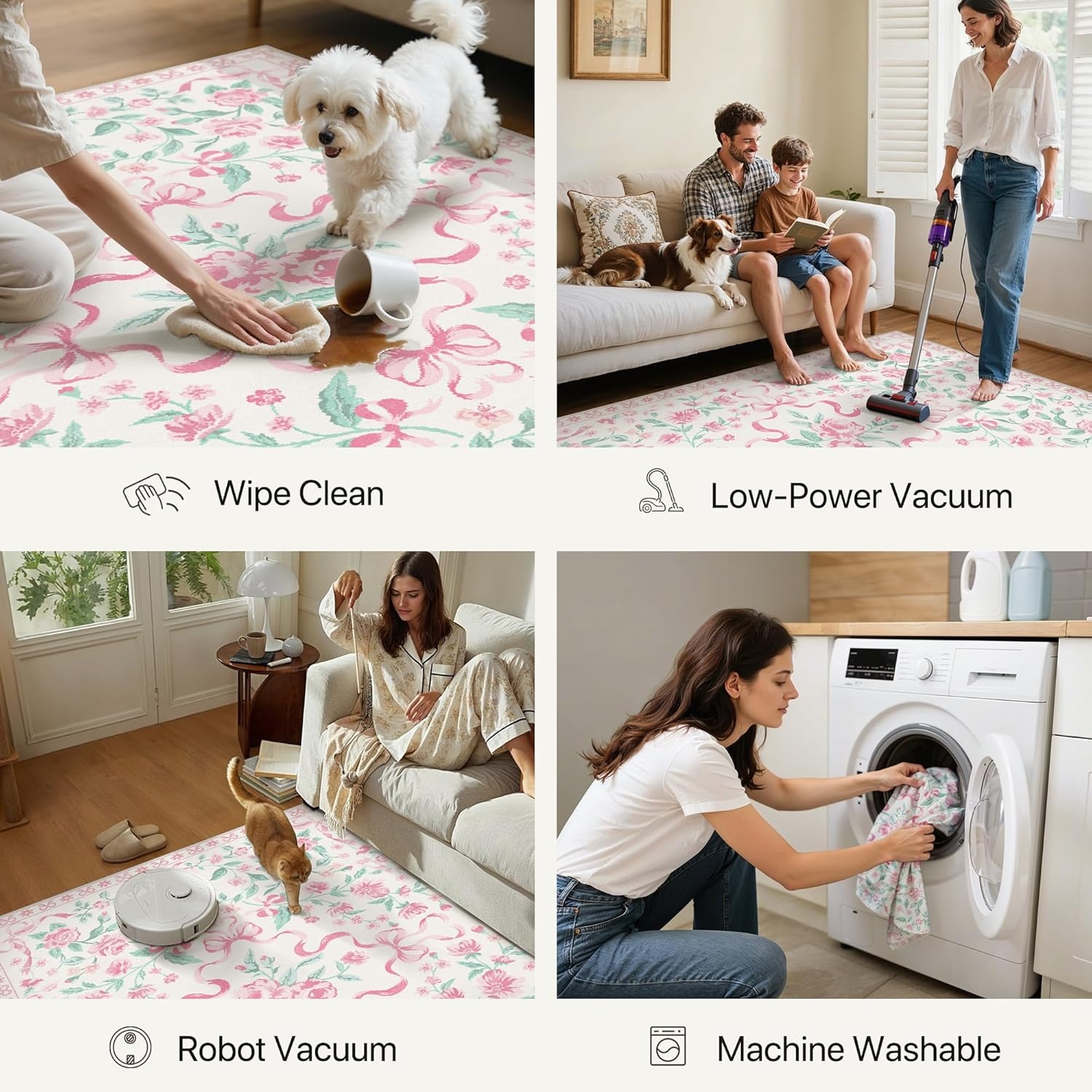 image:imageGENIMO Area Rugs 6X9 for Living Room Bedroom Machine Washable Non Slip Flower Bow Rug Low Pile Soft Cute Floral Rug for Dining Room Girls Room Nursery Room and Playroom Pink BowPink Floral Bow