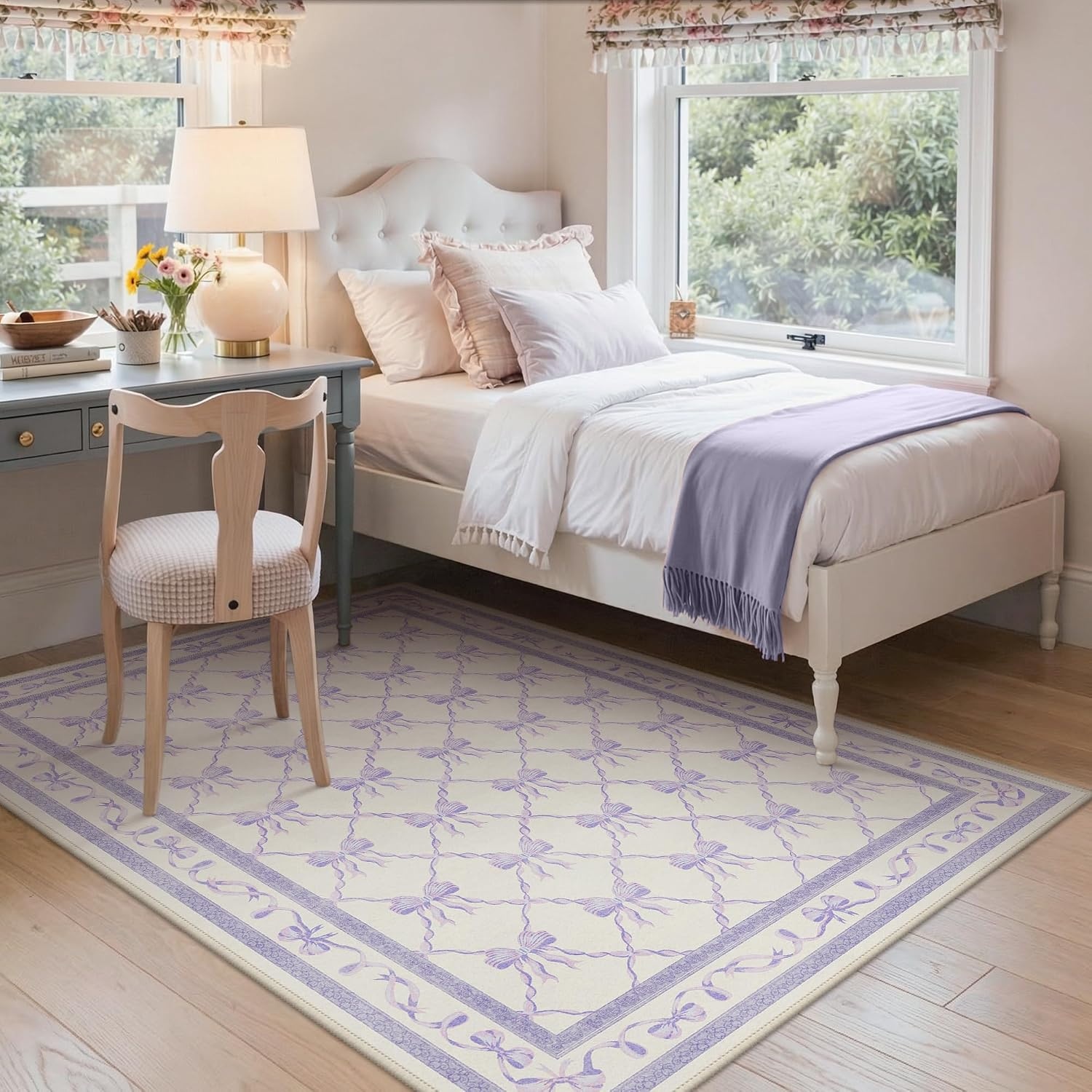 image:imageGENIMO Area Rugs 6X9 for Living Room Bedroom Machine Washable Non Slip Flower Bow Rug Low Pile Soft Cute Floral Rug for Dining Room Girls Room Nursery Room and Playroom Pink BowPurple Bow