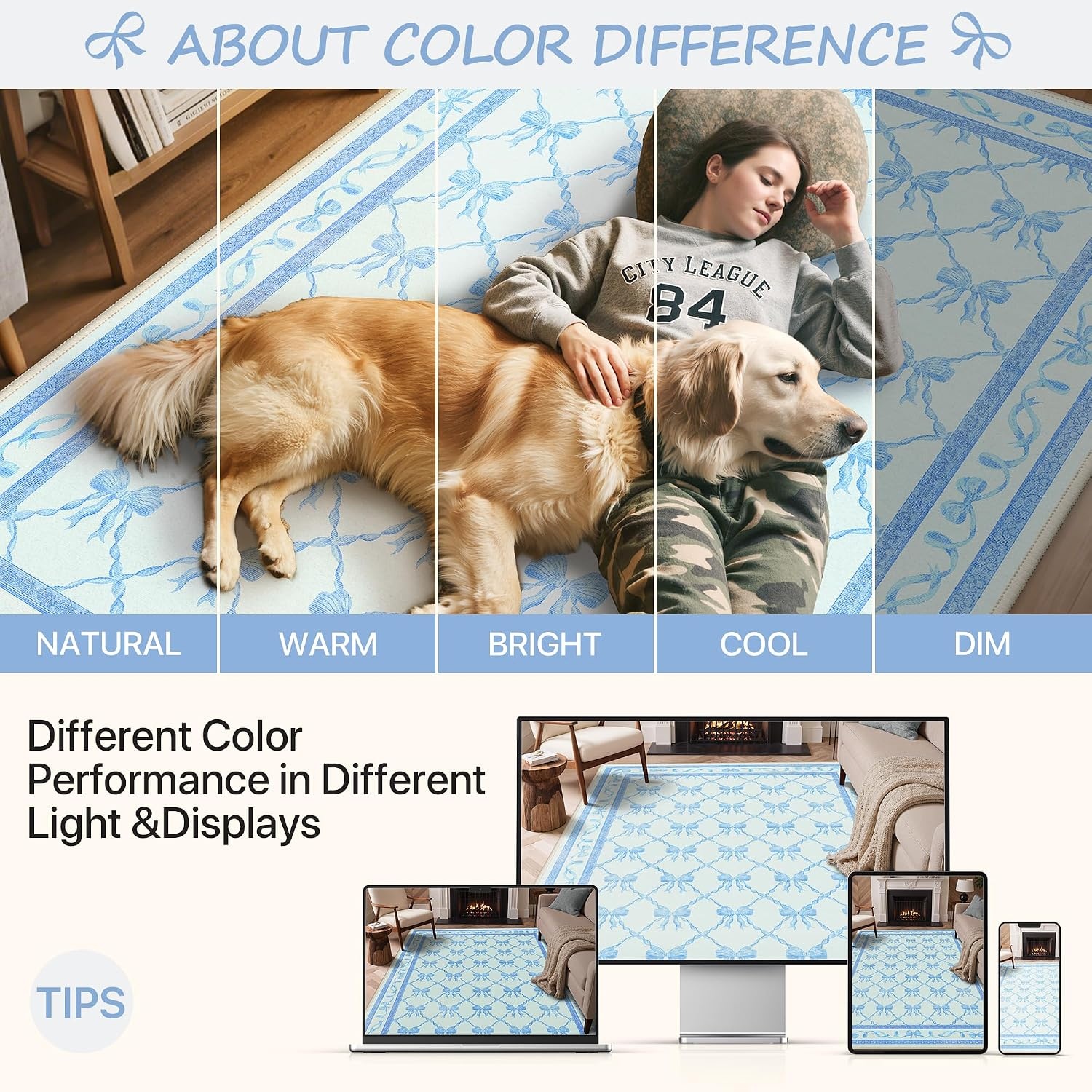 image:imageGENIMO Area Rugs 6X9 for Living Room Bedroom Machine Washable Non Slip Flower Bow Rug Low Pile Soft Cute Floral Rug for Dining Room Girls Room Nursery Room and Playroom Pink BowSky Blue Bow