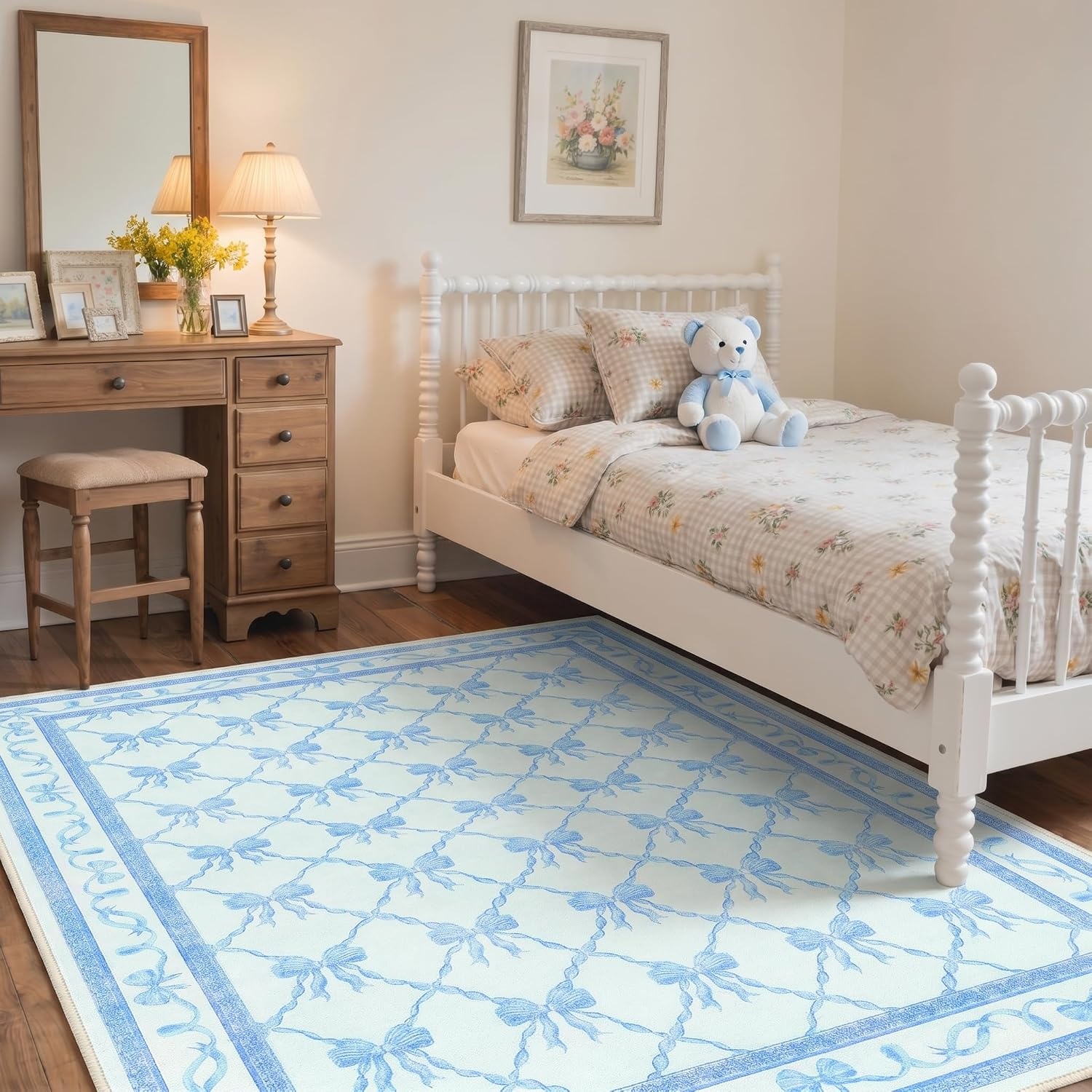 image:imageGENIMO Area Rugs 6X9 for Living Room Bedroom Machine Washable Non Slip Flower Bow Rug Low Pile Soft Cute Floral Rug for Dining Room Girls Room Nursery Room and Playroom Pink BowSky Blue Bow
