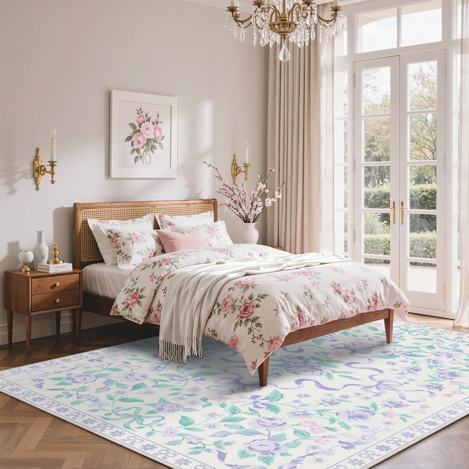 image:imageGENIMO Area Rugs 6X9 for Living Room Bedroom Machine Washable Non Slip Flower Bow Rug Low Pile Soft Cute Floral Rug for Dining Room Girls Room Nursery Room and Playroom Pink BowPurple Floral Bow