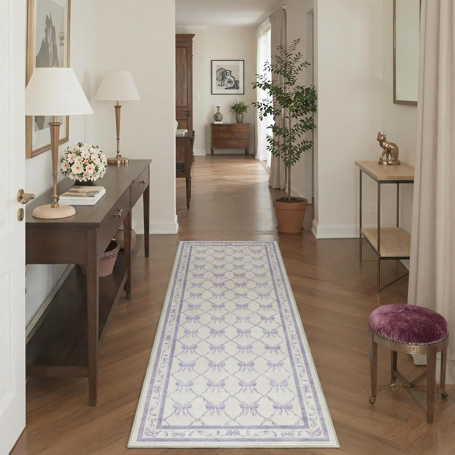 image:imageGENIMO Area Rugs 6X9 for Living Room Bedroom Machine Washable Non Slip Flower Bow Rug Low Pile Soft Cute Floral Rug for Dining Room Girls Room Nursery Room and Playroom Pink BowPurple Bow