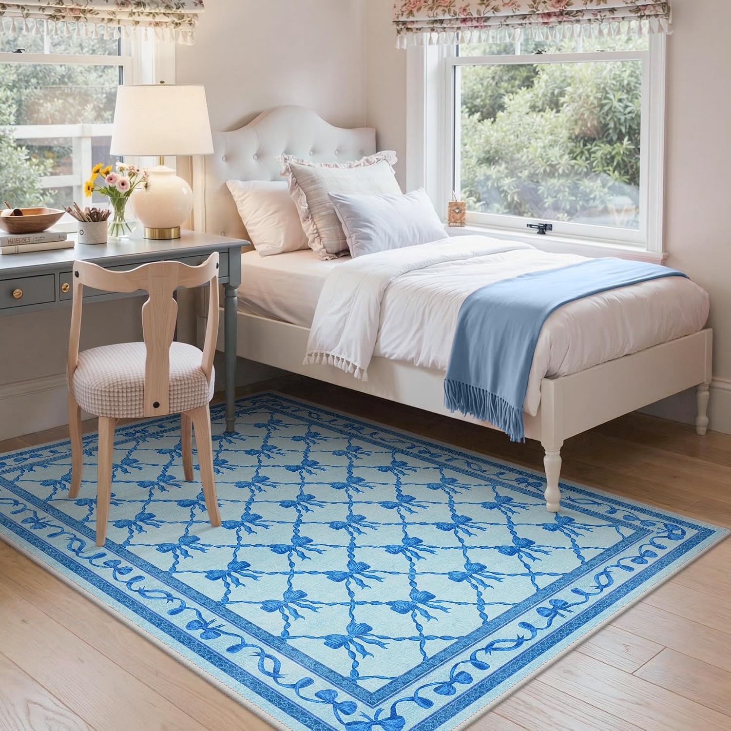 image:imageGENIMO Area Rugs 6X9 for Living Room Bedroom Machine Washable Non Slip Flower Bow Rug Low Pile Soft Cute Floral Rug for Dining Room Girls Room Nursery Room and Playroom Pink BowBlue Bow