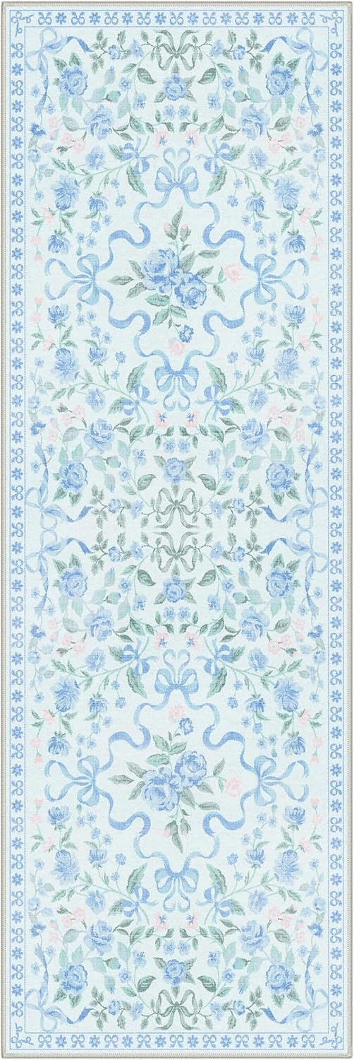 image:imageGENIMO Area Rugs 6X9 for Living Room Bedroom Machine Washable Non Slip Flower Bow Rug Low Pile Soft Cute Floral Rug for Dining Room Girls Room Nursery Room and Playroom Pink BowBlue Floral Bow