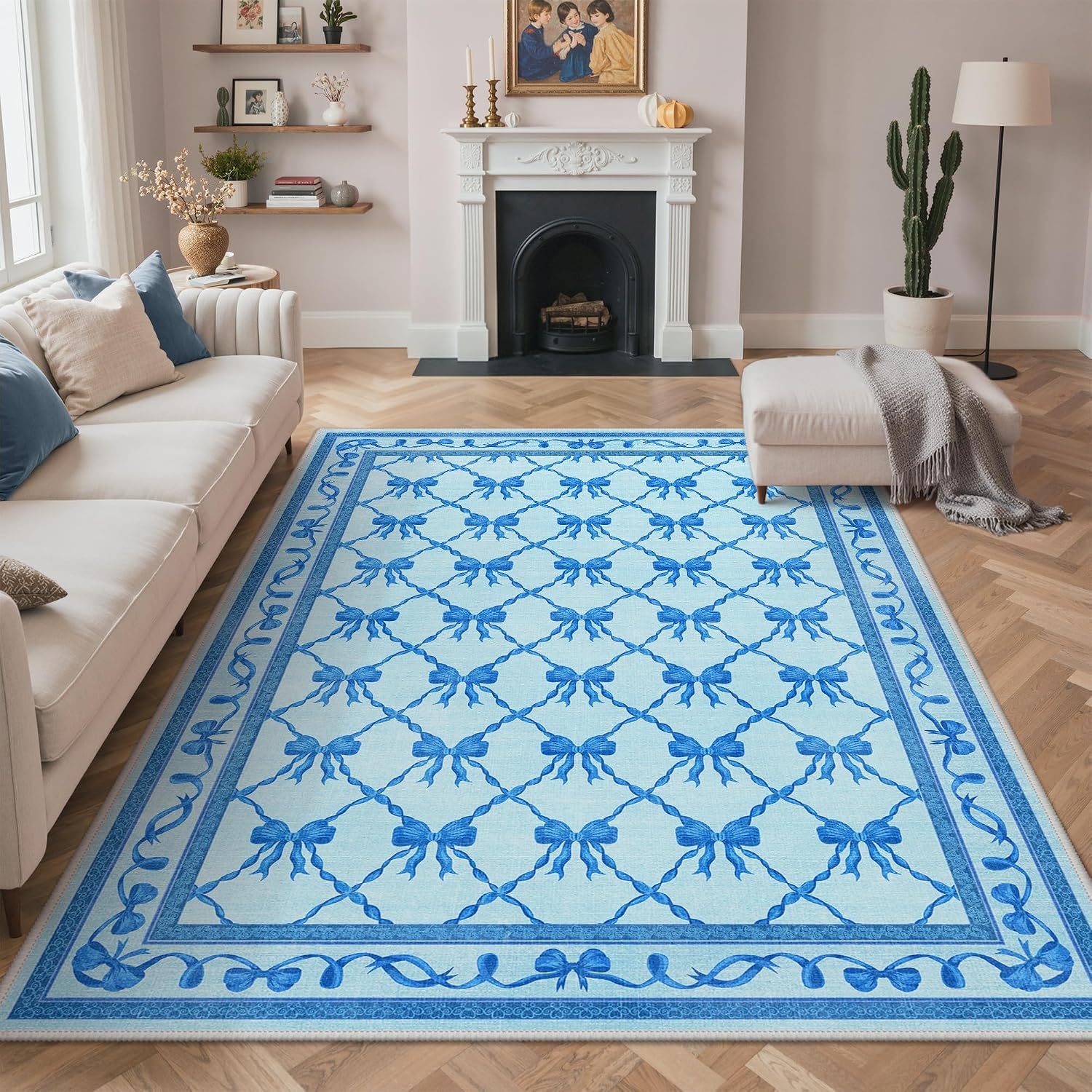 image:imageGENIMO Area Rugs 6X9 for Living Room Bedroom Machine Washable Non Slip Flower Bow Rug Low Pile Soft Cute Floral Rug for Dining Room Girls Room Nursery Room and Playroom Pink BowBlue Bow