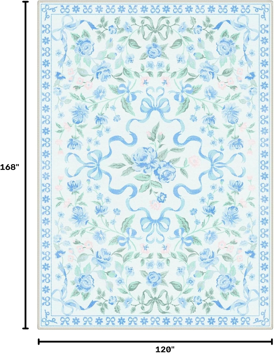 image:imageGENIMO Area Rugs 6X9 for Living Room Bedroom Machine Washable Non Slip Flower Bow Rug Low Pile Soft Cute Floral Rug for Dining Room Girls Room Nursery Room and Playroom Pink BowBlue Floral Bow