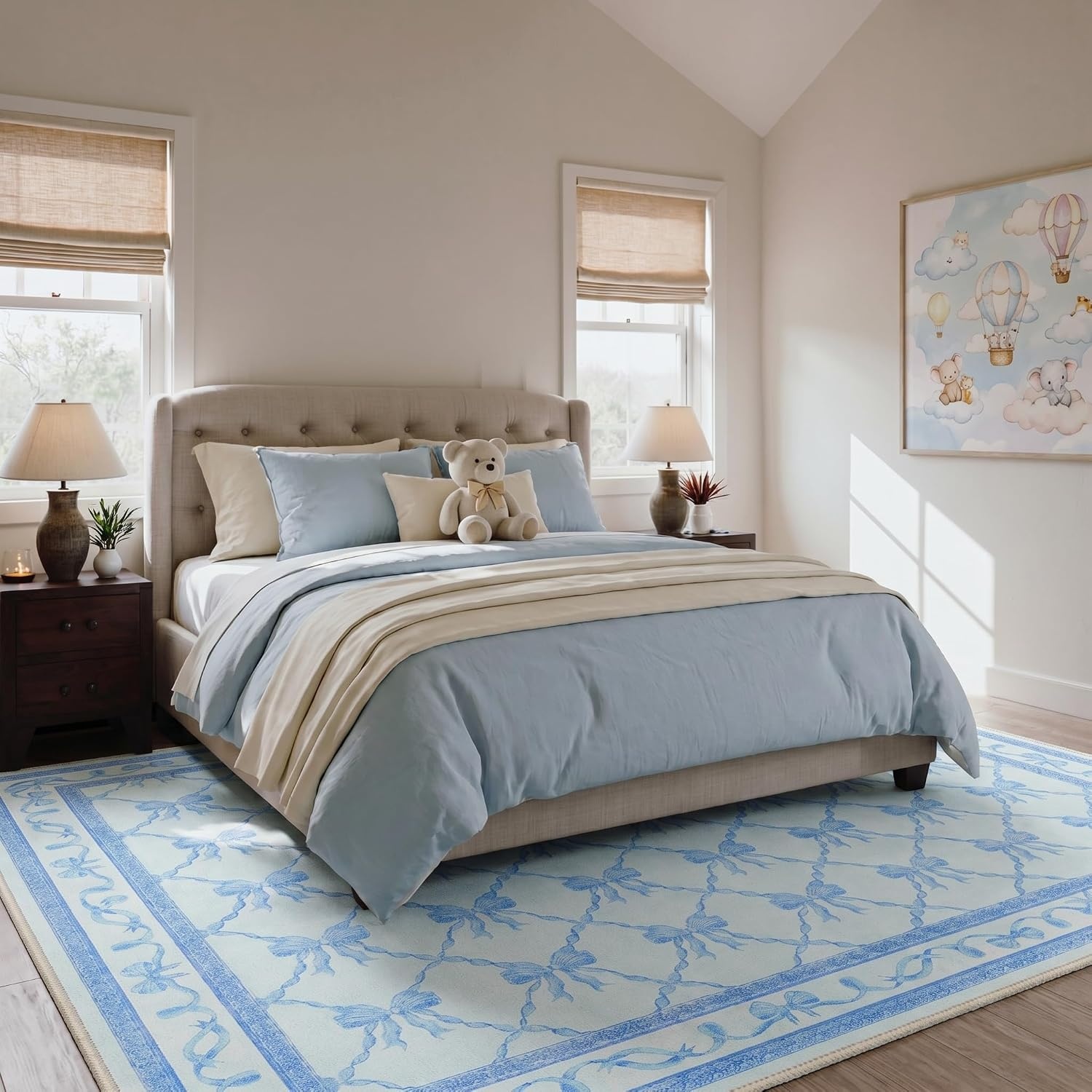 image:imageGENIMO Area Rugs 6X9 for Living Room Bedroom Machine Washable Non Slip Flower Bow Rug Low Pile Soft Cute Floral Rug for Dining Room Girls Room Nursery Room and Playroom Pink BowSky Blue Bow