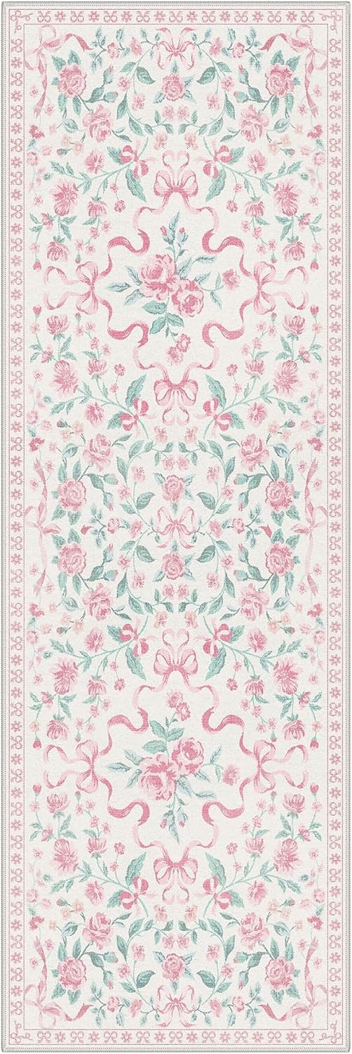 image:imageGENIMO Area Rugs 6X9 for Living Room Bedroom Machine Washable Non Slip Flower Bow Rug Low Pile Soft Cute Floral Rug for Dining Room Girls Room Nursery Room and Playroom Pink BowPink Floral Bow