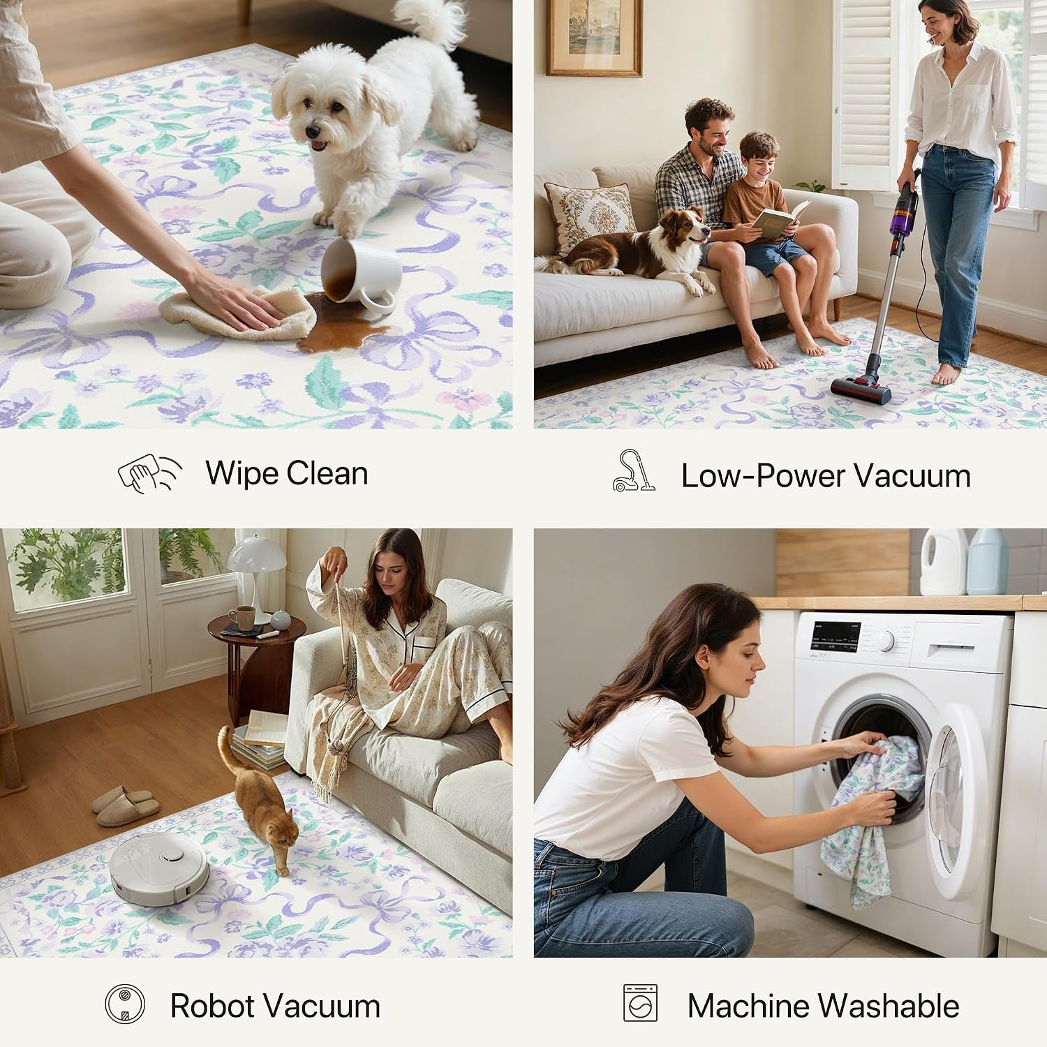 image:imageGENIMO Area Rugs 6X9 for Living Room Bedroom Machine Washable Non Slip Flower Bow Rug Low Pile Soft Cute Floral Rug for Dining Room Girls Room Nursery Room and Playroom Pink BowPurple Floral Bow