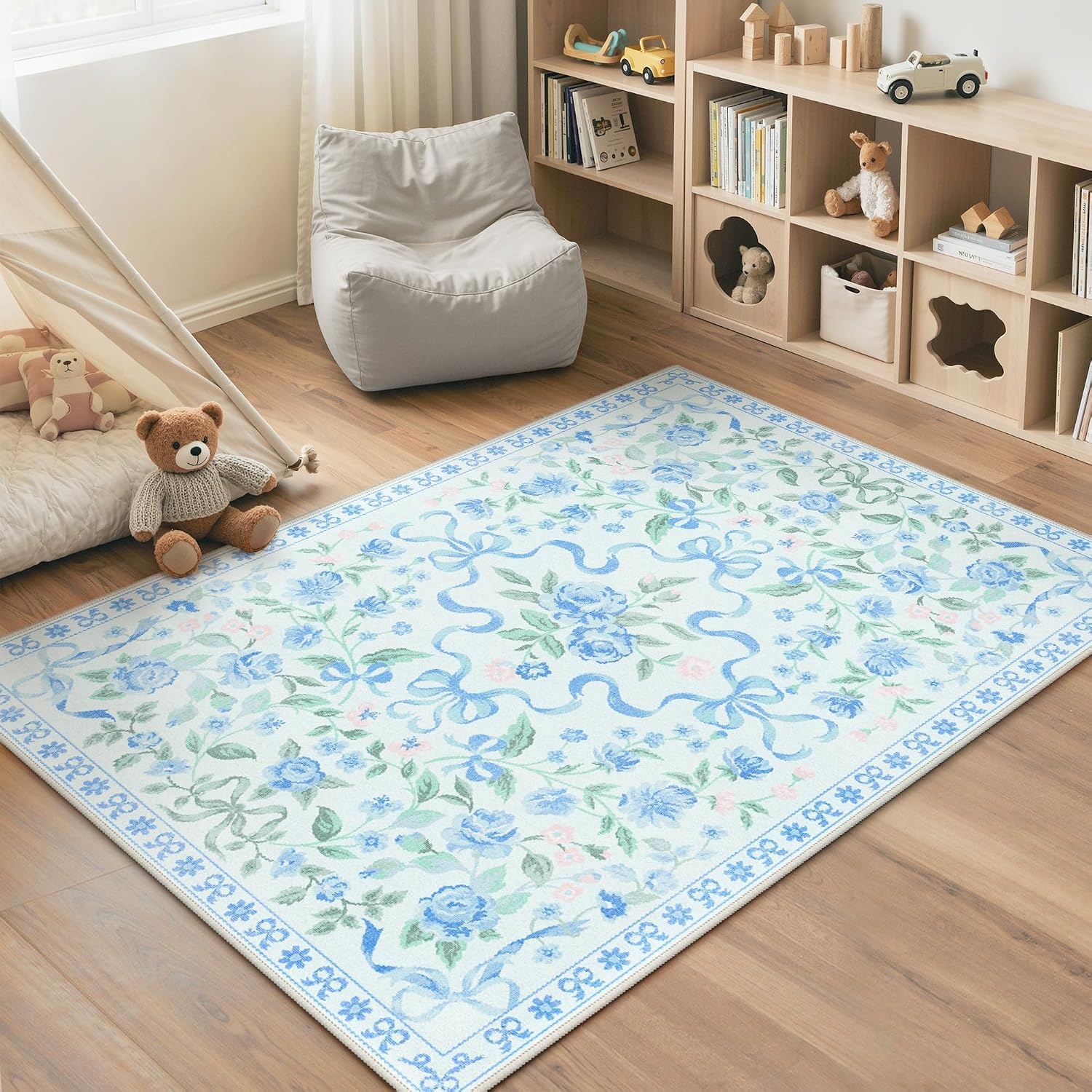 image:imageGENIMO Area Rugs 6X9 for Living Room Bedroom Machine Washable Non Slip Flower Bow Rug Low Pile Soft Cute Floral Rug for Dining Room Girls Room Nursery Room and Playroom Pink BowBlue Floral Bow