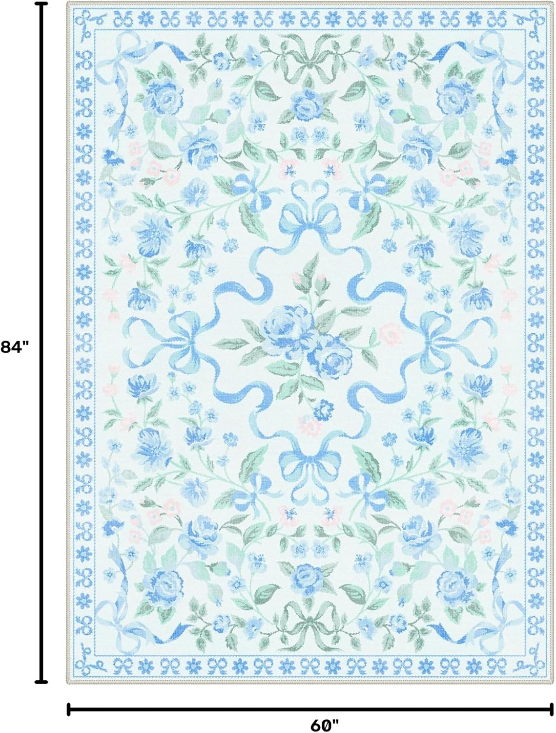 image:imageGENIMO Area Rugs 6X9 for Living Room Bedroom Machine Washable Non Slip Flower Bow Rug Low Pile Soft Cute Floral Rug for Dining Room Girls Room Nursery Room and Playroom Pink BowBlue Floral Bow