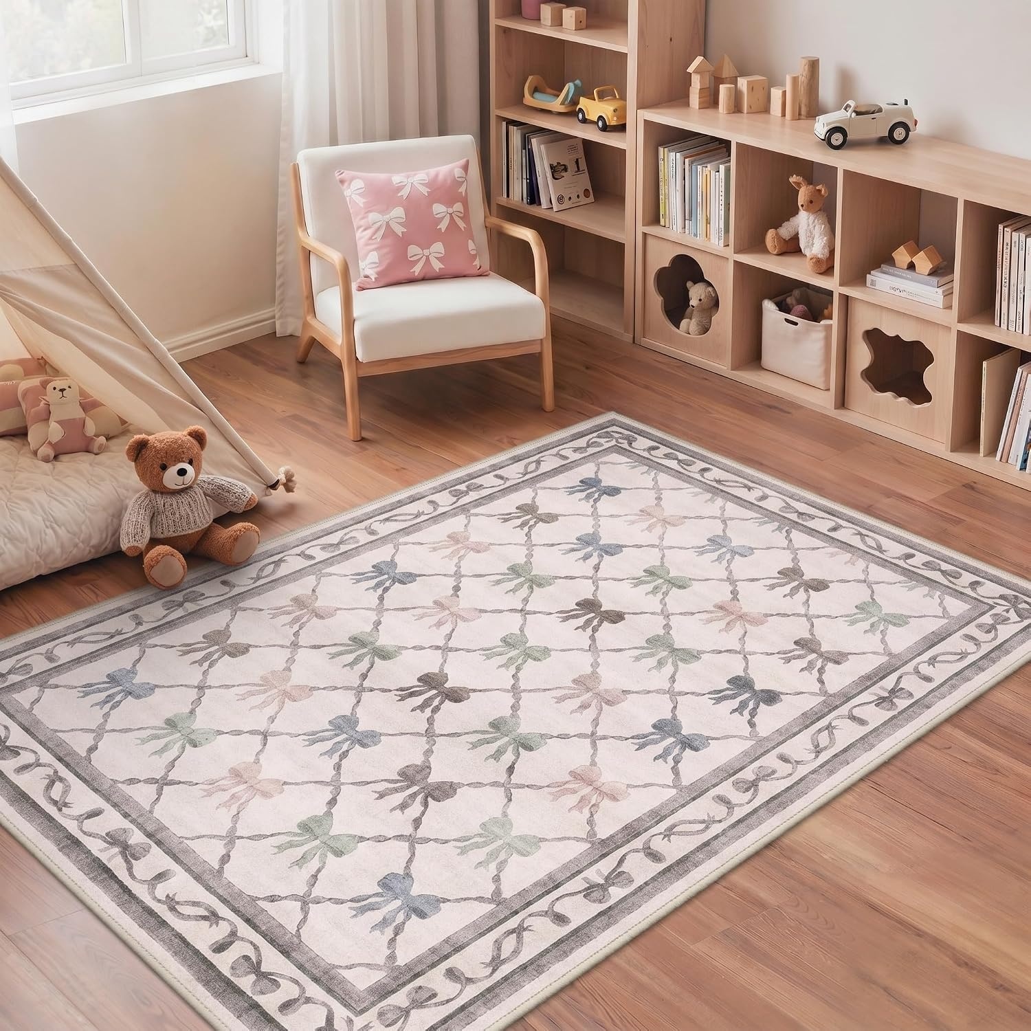 image:imageGENIMO Area Rugs 6X9 for Living Room Bedroom Machine Washable Non Slip Flower Bow Rug Low Pile Soft Cute Floral Rug for Dining Room Girls Room Nursery Room and Playroom Pink BowPastel Multi Bow