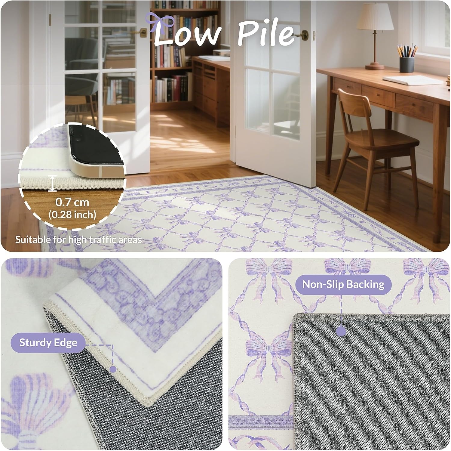 image:imageGENIMO Area Rugs 6X9 for Living Room Bedroom Machine Washable Non Slip Flower Bow Rug Low Pile Soft Cute Floral Rug for Dining Room Girls Room Nursery Room and Playroom Pink BowPurple Bow