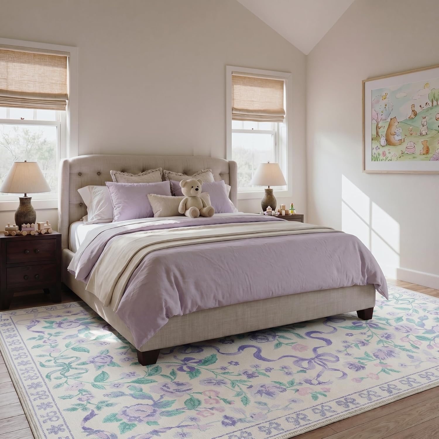 image:imageGENIMO Area Rugs 6X9 for Living Room Bedroom Machine Washable Non Slip Flower Bow Rug Low Pile Soft Cute Floral Rug for Dining Room Girls Room Nursery Room and Playroom Pink BowPurple Floral Bow
