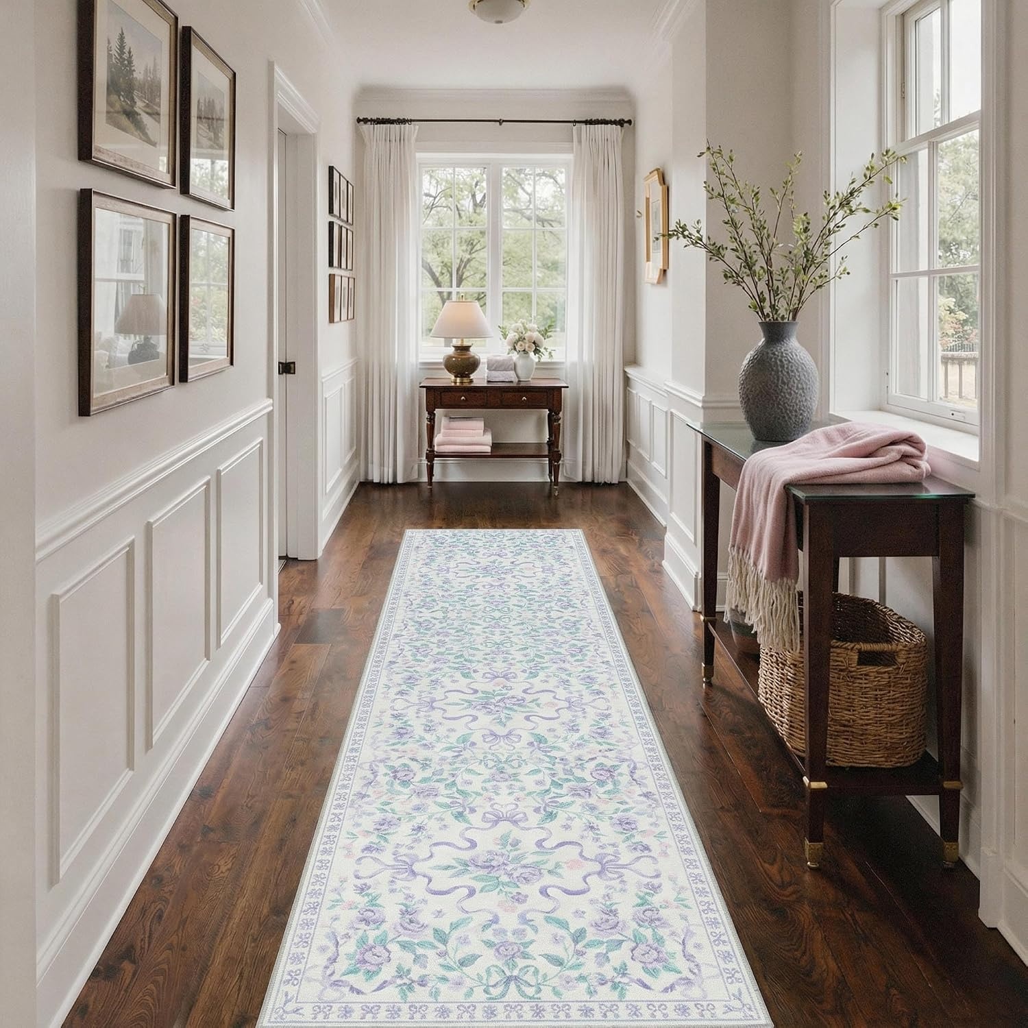 image:imageGENIMO Area Rugs 6X9 for Living Room Bedroom Machine Washable Non Slip Flower Bow Rug Low Pile Soft Cute Floral Rug for Dining Room Girls Room Nursery Room and Playroom Pink BowPurple Floral Bow