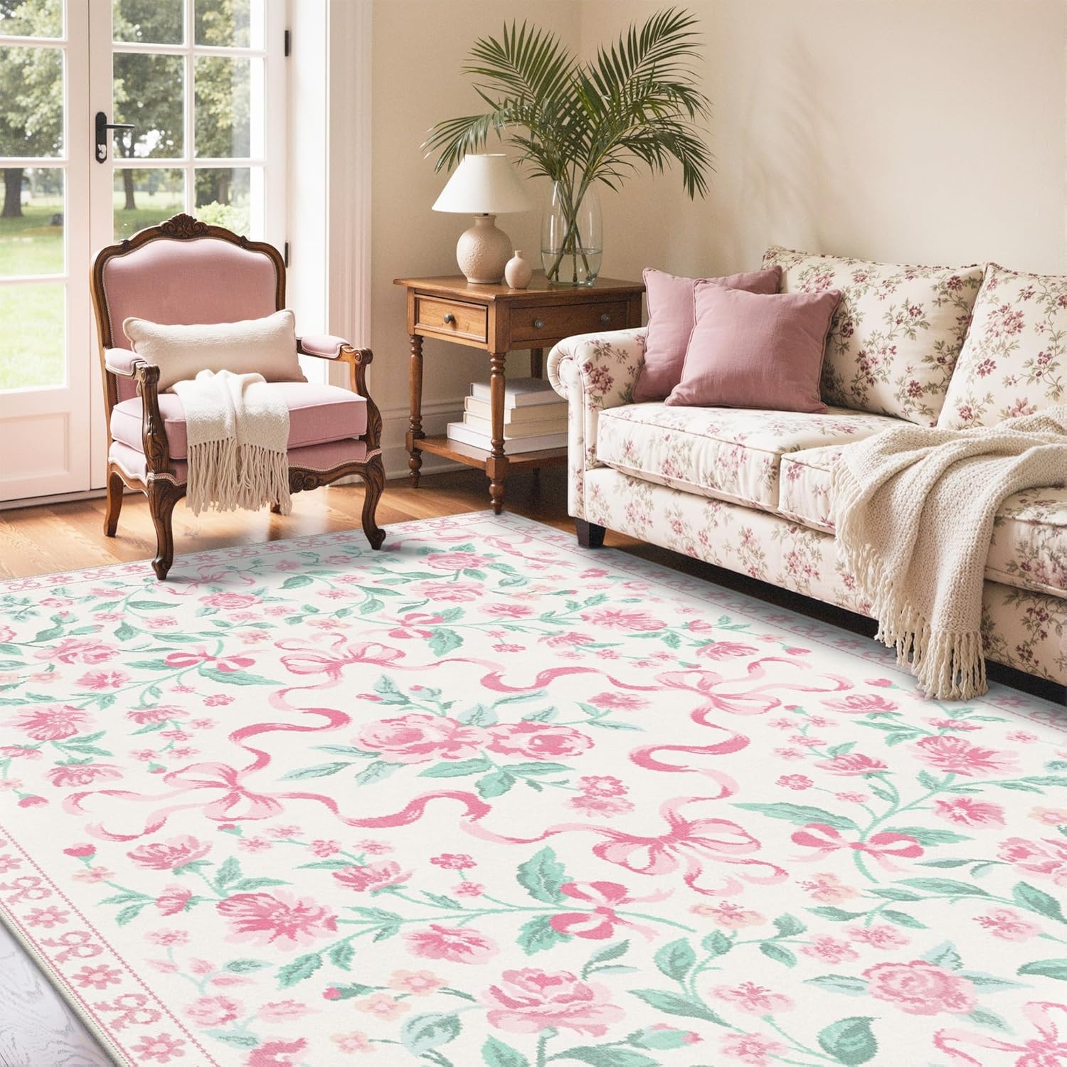 image:imageGENIMO Area Rugs 6X9 for Living Room Bedroom Machine Washable Non Slip Flower Bow Rug Low Pile Soft Cute Floral Rug for Dining Room Girls Room Nursery Room and Playroom Pink BowPink Floral Bow