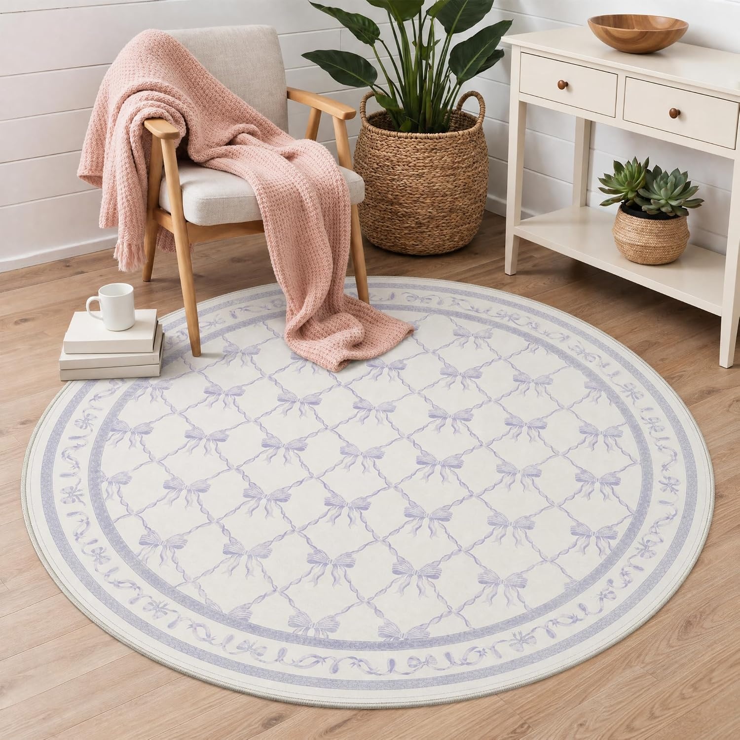 image:imageGENIMO Area Rugs 6X9 for Living Room Bedroom Machine Washable Non Slip Flower Bow Rug Low Pile Soft Cute Floral Rug for Dining Room Girls Room Nursery Room and Playroom Pink BowPurple Bow