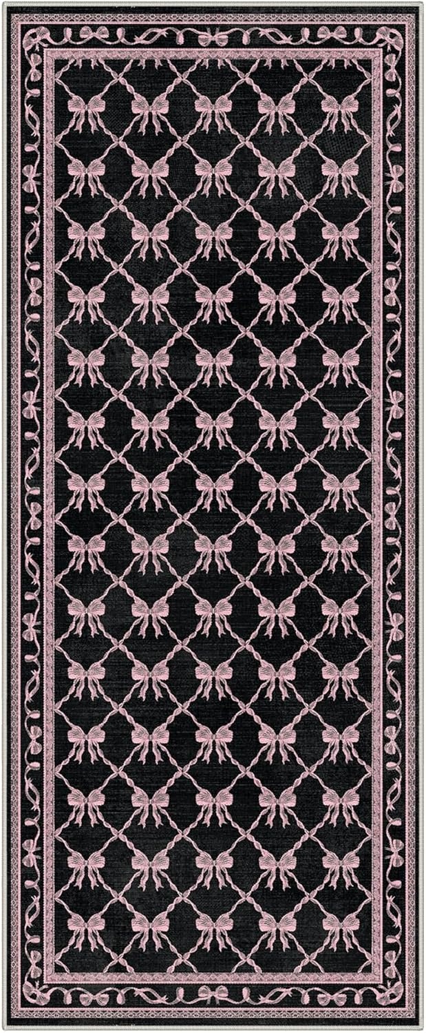 image:imageGENIMO Area Rugs 6X9 for Living Room Bedroom Machine Washable Non Slip Flower Bow Rug Low Pile Soft Cute Floral Rug for Dining Room Girls Room Nursery Room and Playroom Pink BowBlack Pink Bow