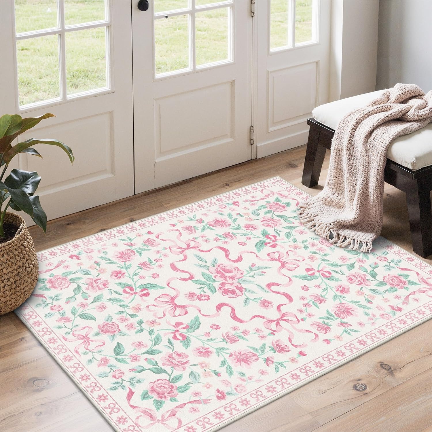 image:imageGENIMO Area Rugs 6X9 for Living Room Bedroom Machine Washable Non Slip Flower Bow Rug Low Pile Soft Cute Floral Rug for Dining Room Girls Room Nursery Room and Playroom Pink BowPink Floral Bow
