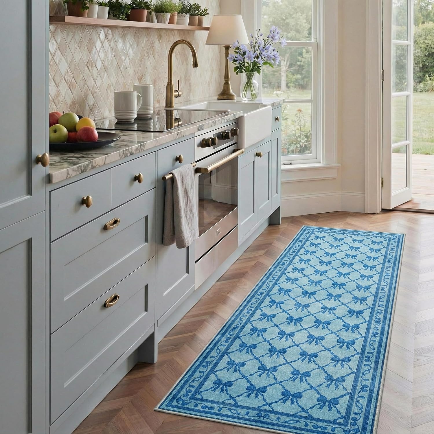 image:imageGENIMO Area Rugs 6X9 for Living Room Bedroom Machine Washable Non Slip Flower Bow Rug Low Pile Soft Cute Floral Rug for Dining Room Girls Room Nursery Room and Playroom Pink BowBlue Bow
