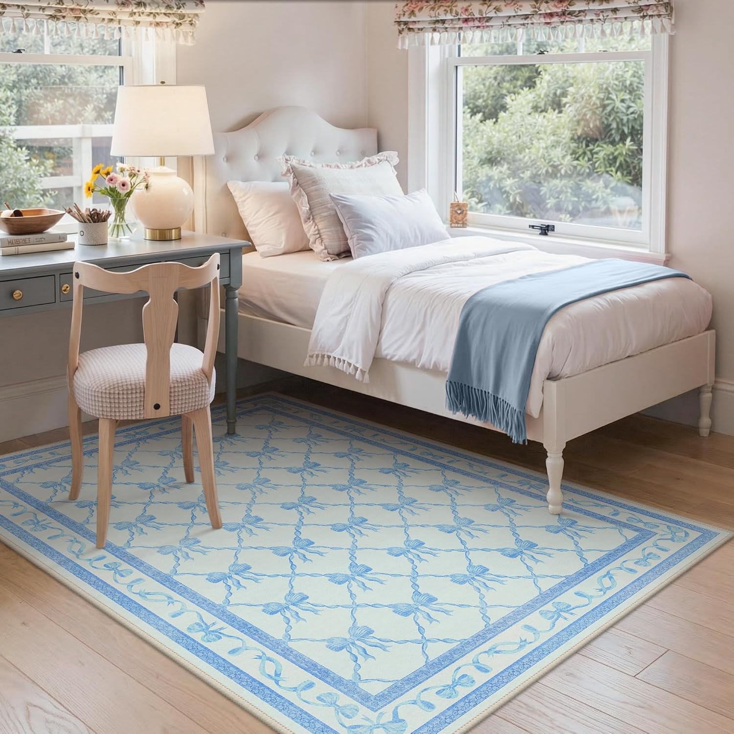 image:imageGENIMO Area Rugs 6X9 for Living Room Bedroom Machine Washable Non Slip Flower Bow Rug Low Pile Soft Cute Floral Rug for Dining Room Girls Room Nursery Room and Playroom Pink BowSky Blue Bow