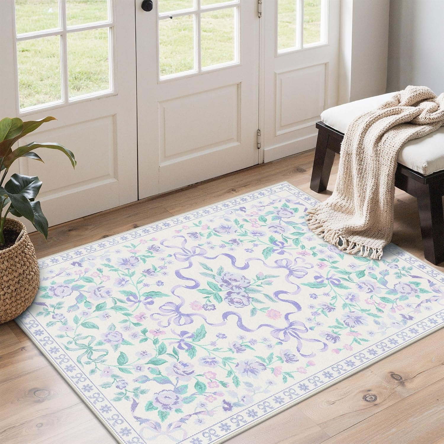 image:imageGENIMO Area Rugs 6X9 for Living Room Bedroom Machine Washable Non Slip Flower Bow Rug Low Pile Soft Cute Floral Rug for Dining Room Girls Room Nursery Room and Playroom Pink BowPurple Floral Bow