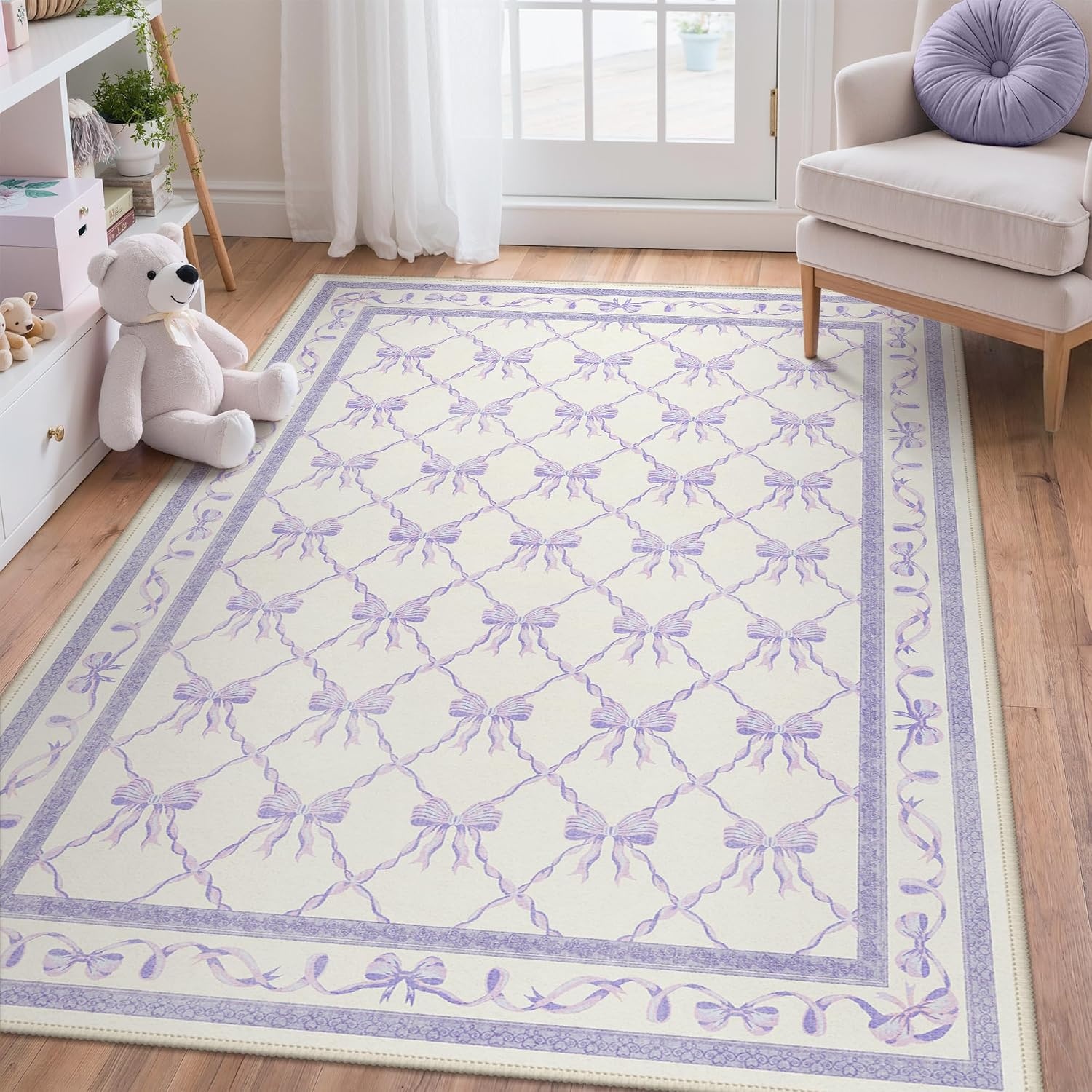 image:imageGENIMO Area Rugs 6X9 for Living Room Bedroom Machine Washable Non Slip Flower Bow Rug Low Pile Soft Cute Floral Rug for Dining Room Girls Room Nursery Room and Playroom Pink BowPurple Bow