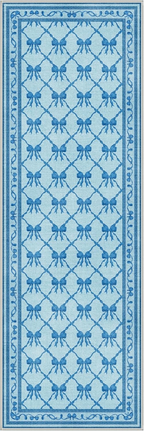 image:imageGENIMO Area Rugs 6X9 for Living Room Bedroom Machine Washable Non Slip Flower Bow Rug Low Pile Soft Cute Floral Rug for Dining Room Girls Room Nursery Room and Playroom Pink BowBlue Bow