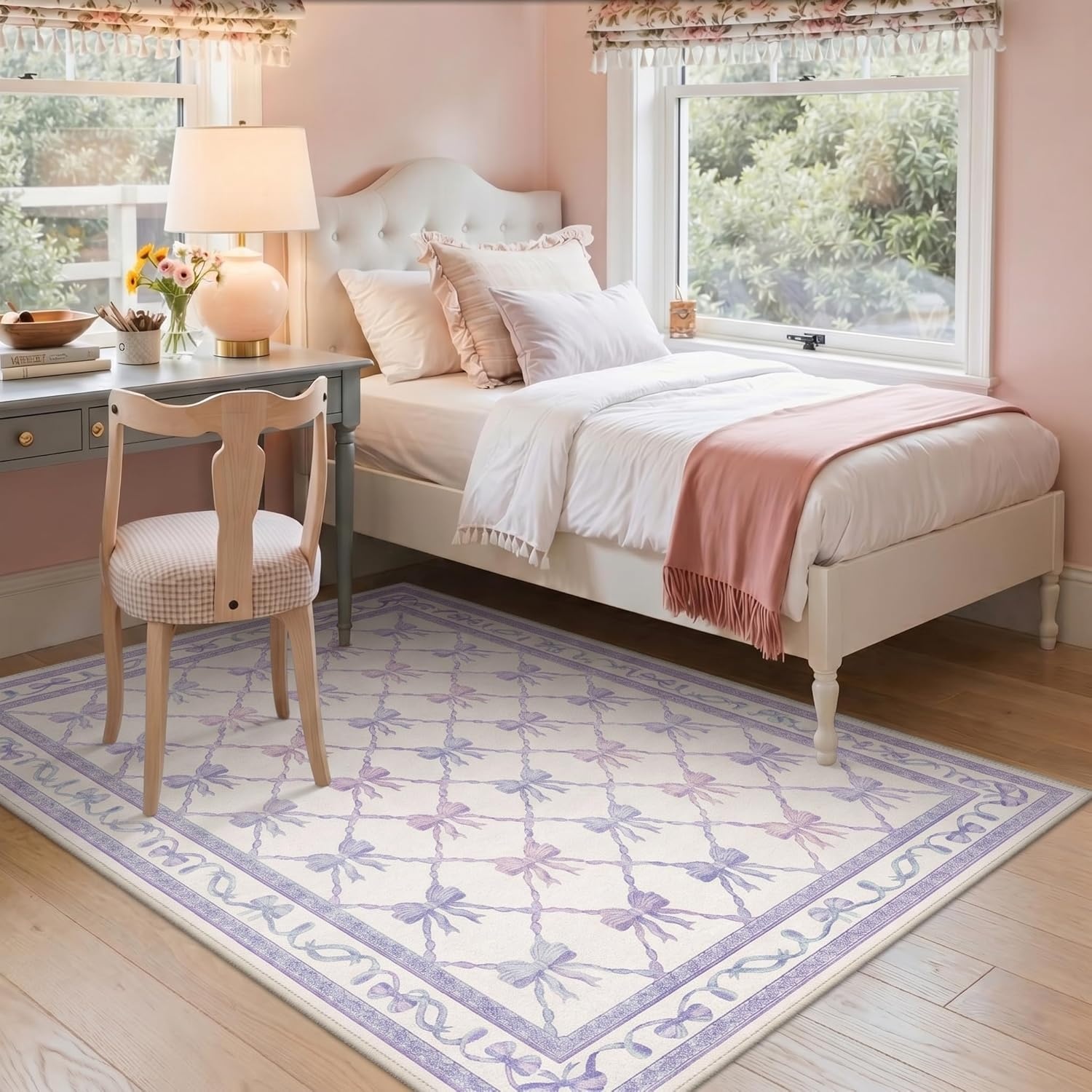 image:imageGENIMO Area Rugs 6X9 for Living Room Bedroom Machine Washable Non Slip Flower Bow Rug Low Pile Soft Cute Floral Rug for Dining Room Girls Room Nursery Room and Playroom Pink BowPurple Blue Bow