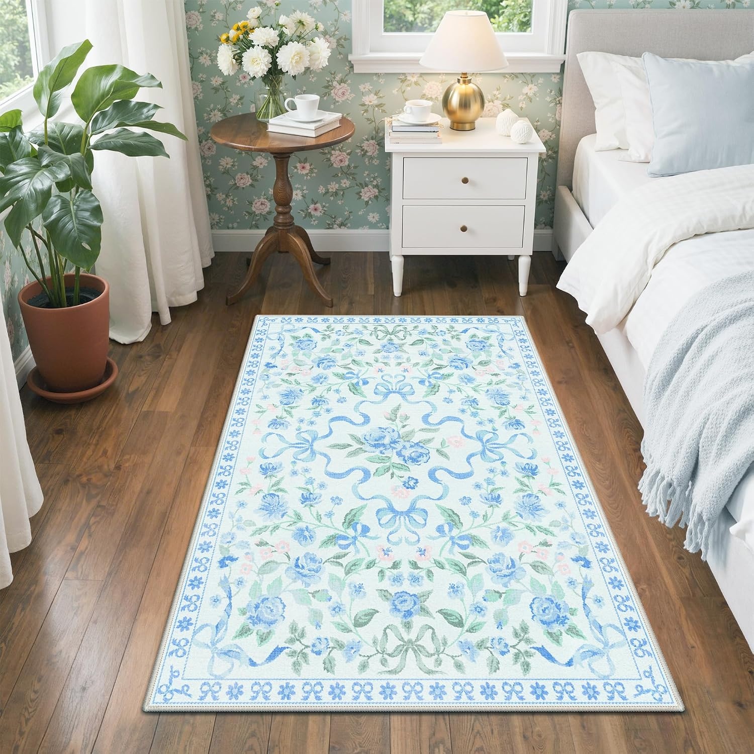 image:imageGENIMO Area Rugs 6X9 for Living Room Bedroom Machine Washable Non Slip Flower Bow Rug Low Pile Soft Cute Floral Rug for Dining Room Girls Room Nursery Room and Playroom Pink BowBlue Floral Bow