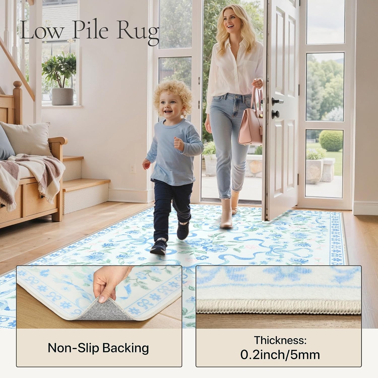 image:imageGENIMO Area Rugs 6X9 for Living Room Bedroom Machine Washable Non Slip Flower Bow Rug Low Pile Soft Cute Floral Rug for Dining Room Girls Room Nursery Room and Playroom Pink BowBlue Floral Bow