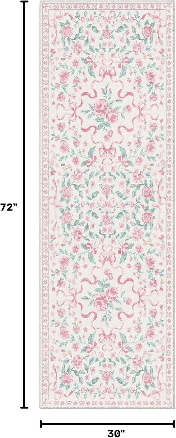 image:imageGENIMO Area Rugs 6X9 for Living Room Bedroom Machine Washable Non Slip Flower Bow Rug Low Pile Soft Cute Floral Rug for Dining Room Girls Room Nursery Room and Playroom Pink BowPink Floral Bow