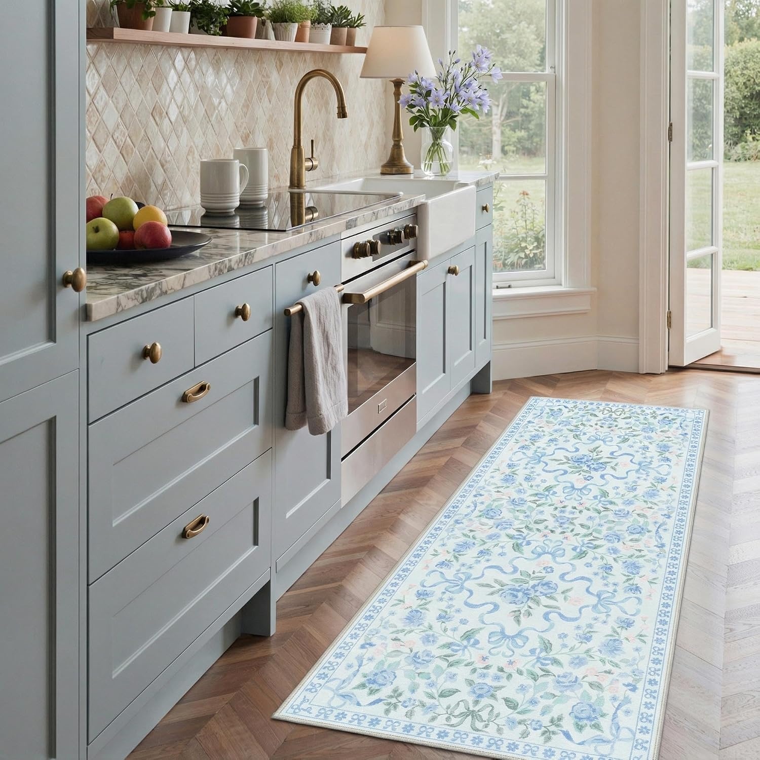image:imageGENIMO Area Rugs 6X9 for Living Room Bedroom Machine Washable Non Slip Flower Bow Rug Low Pile Soft Cute Floral Rug for Dining Room Girls Room Nursery Room and Playroom Pink BowBlue Floral Bow