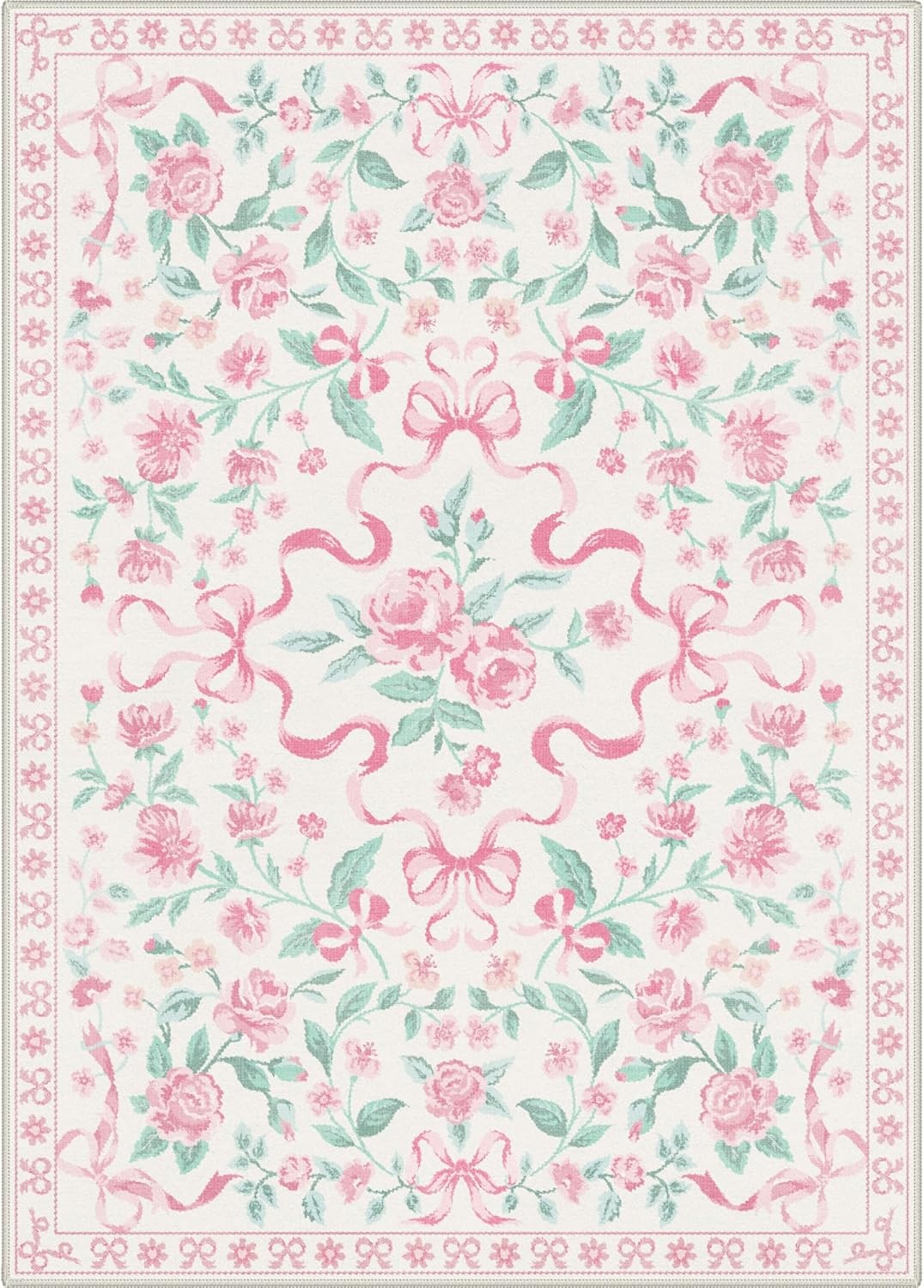 image:imageGENIMO Area Rugs 6X9 for Living Room Bedroom Machine Washable Non Slip Flower Bow Rug Low Pile Soft Cute Floral Rug for Dining Room Girls Room Nursery Room and Playroom Pink BowPink Floral Bow