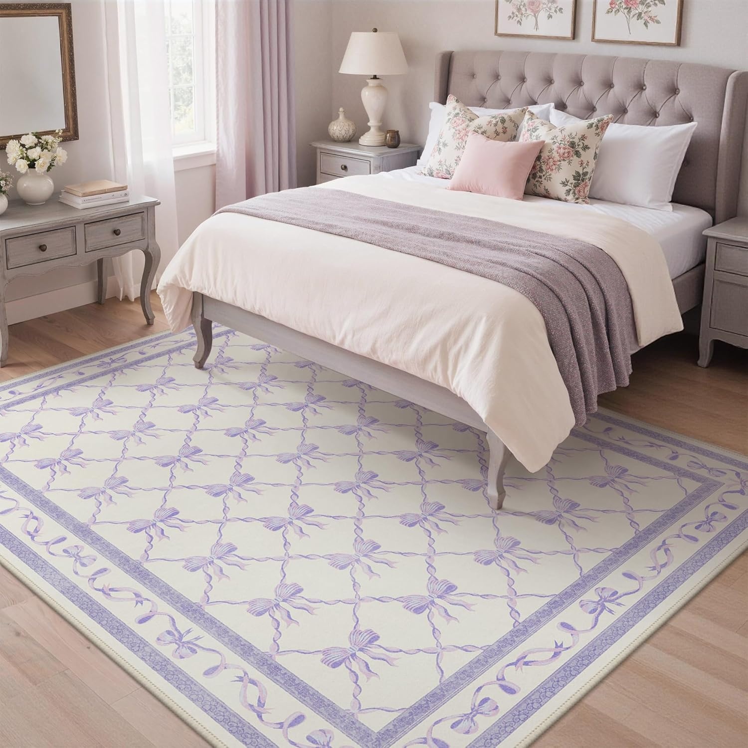 image:imageGENIMO Area Rugs 6X9 for Living Room Bedroom Machine Washable Non Slip Flower Bow Rug Low Pile Soft Cute Floral Rug for Dining Room Girls Room Nursery Room and Playroom Pink BowPurple Bow