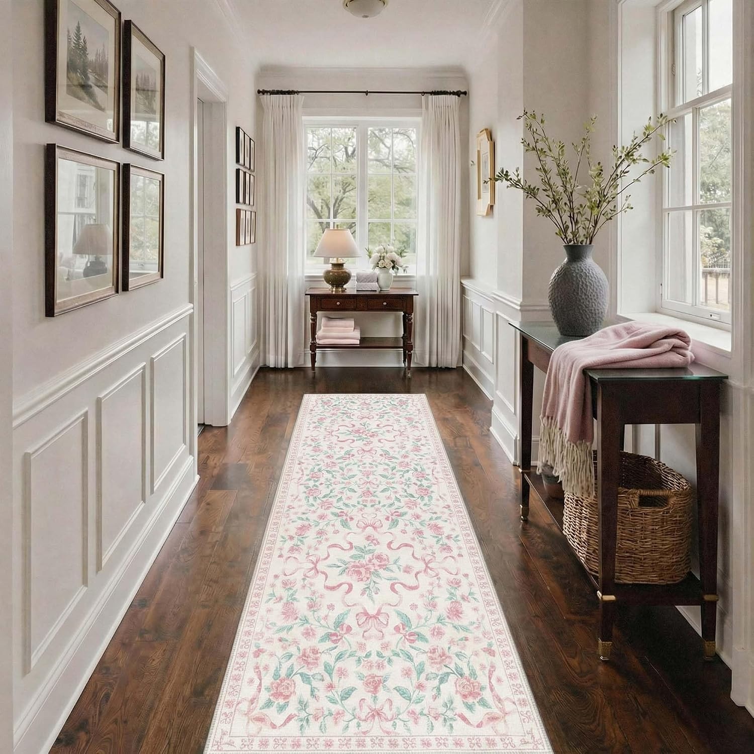 image:imageGENIMO Area Rugs 6X9 for Living Room Bedroom Machine Washable Non Slip Flower Bow Rug Low Pile Soft Cute Floral Rug for Dining Room Girls Room Nursery Room and Playroom Pink BowPink Floral Bow