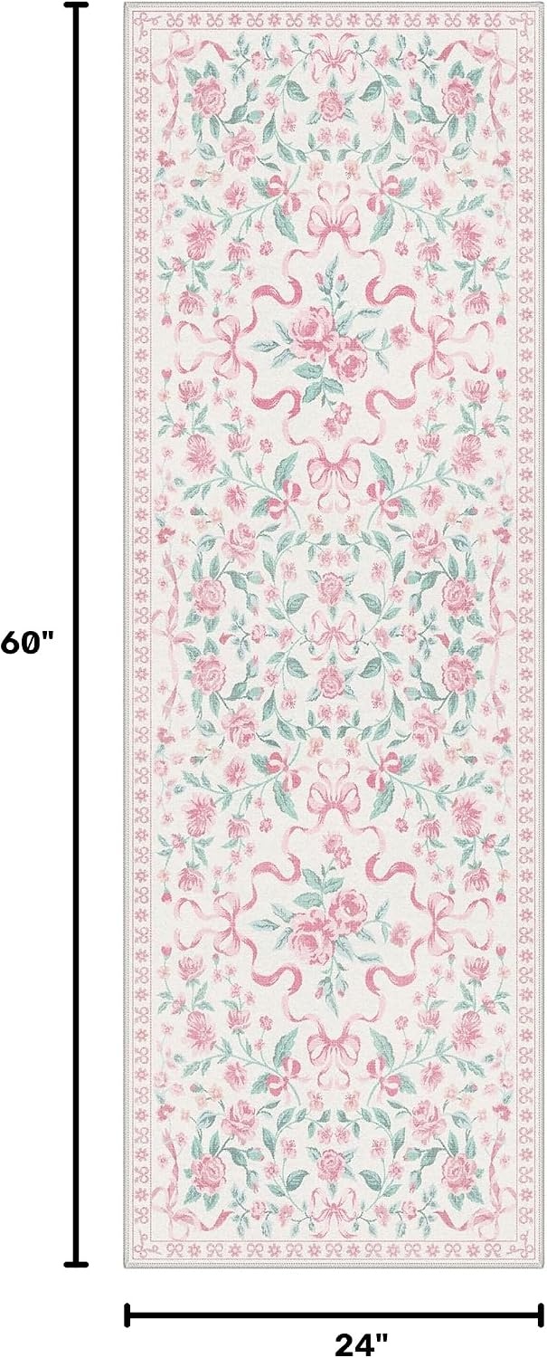 image:imageGENIMO Area Rugs 6X9 for Living Room Bedroom Machine Washable Non Slip Flower Bow Rug Low Pile Soft Cute Floral Rug for Dining Room Girls Room Nursery Room and Playroom Pink BowPink Floral Bow