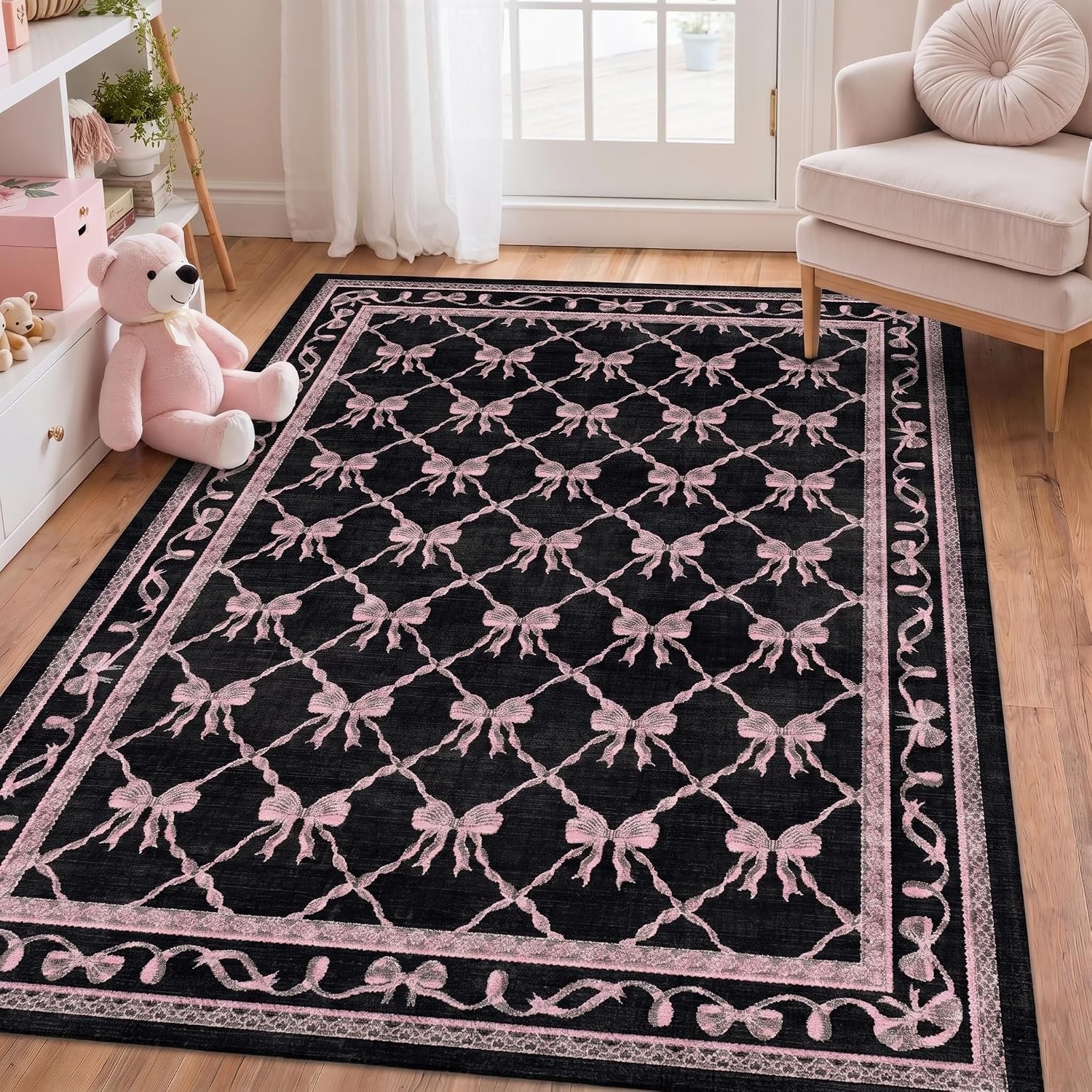 image:imageGENIMO Area Rugs 6X9 for Living Room Bedroom Machine Washable Non Slip Flower Bow Rug Low Pile Soft Cute Floral Rug for Dining Room Girls Room Nursery Room and Playroom Pink BowBlack Pink Bow