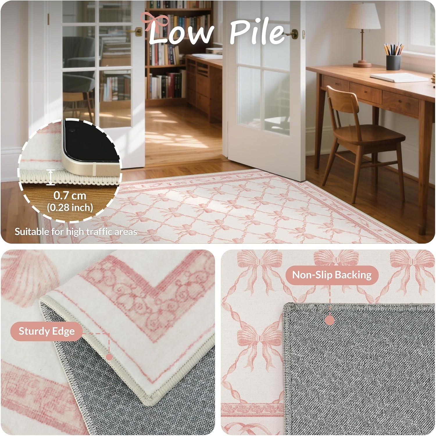 image:imageGENIMO Area Rugs 6X9 for Living Room Bedroom Machine Washable Non Slip Flower Bow Rug Low Pile Soft Cute Floral Rug for Dining Room Girls Room Nursery Room and Playroom Pink BowPink Bow