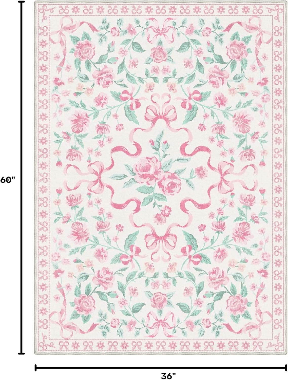 image:imageGENIMO Area Rugs 6X9 for Living Room Bedroom Machine Washable Non Slip Flower Bow Rug Low Pile Soft Cute Floral Rug for Dining Room Girls Room Nursery Room and Playroom Pink BowPink Floral Bow