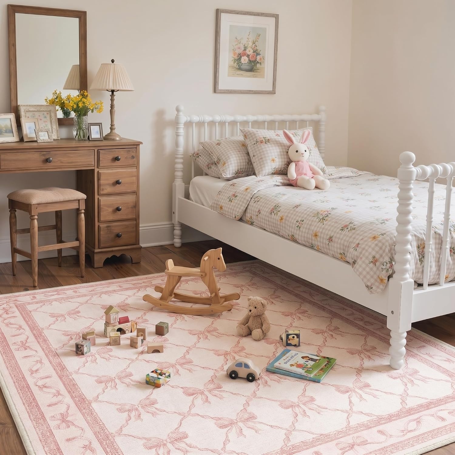 image:imageGENIMO Area Rugs 6X9 for Living Room Bedroom Machine Washable Non Slip Flower Bow Rug Low Pile Soft Cute Floral Rug for Dining Room Girls Room Nursery Room and Playroom Pink BowPink Bow