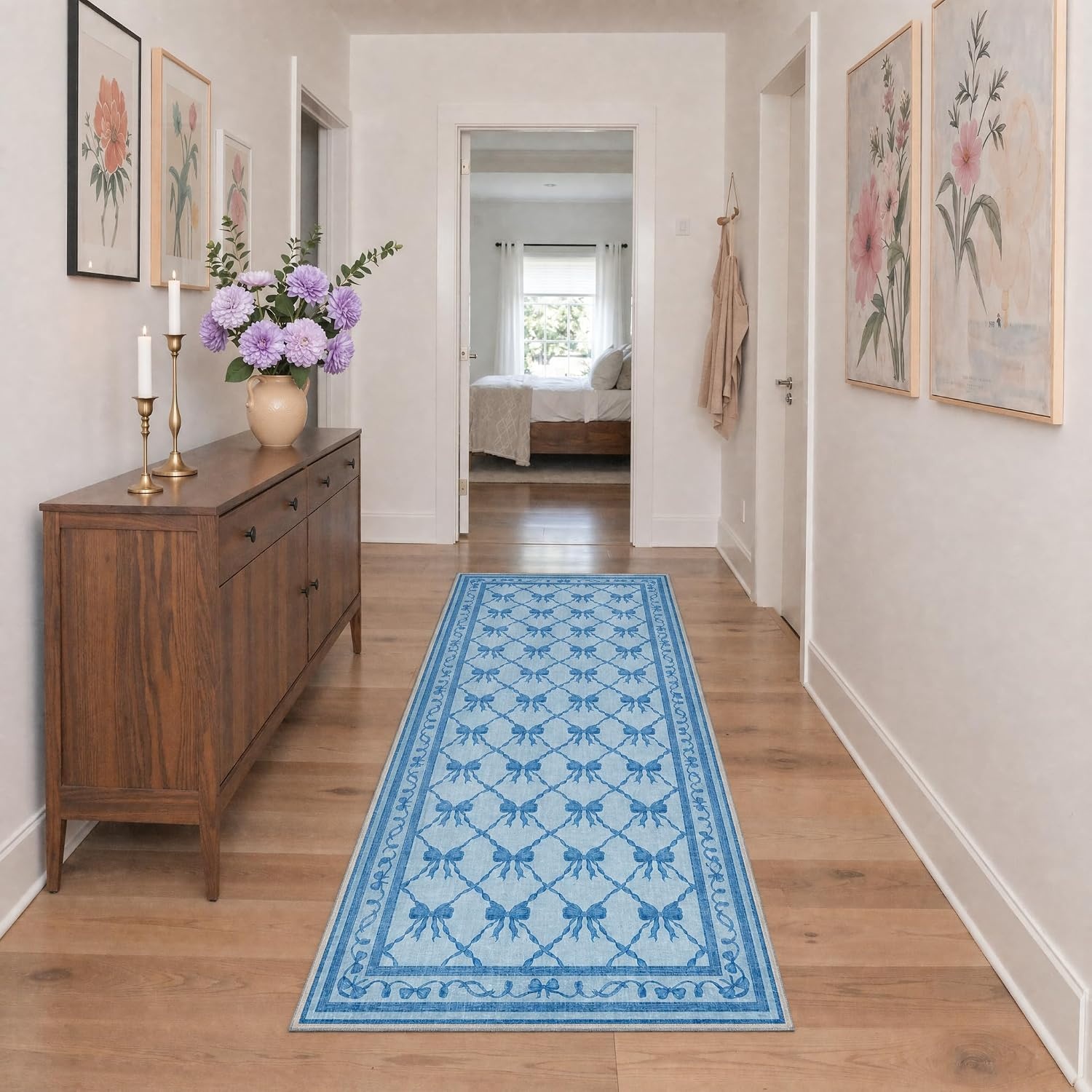 image:imageGENIMO Area Rugs 6X9 for Living Room Bedroom Machine Washable Non Slip Flower Bow Rug Low Pile Soft Cute Floral Rug for Dining Room Girls Room Nursery Room and Playroom Pink BowBlue Bow