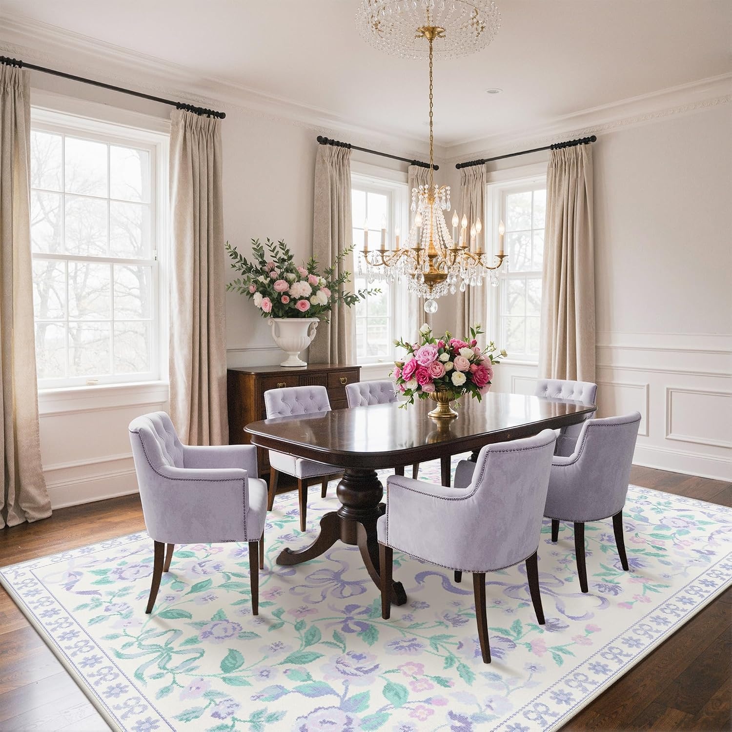 image:imageGENIMO Area Rugs 6X9 for Living Room Bedroom Machine Washable Non Slip Flower Bow Rug Low Pile Soft Cute Floral Rug for Dining Room Girls Room Nursery Room and Playroom Pink BowPurple Floral Bow
