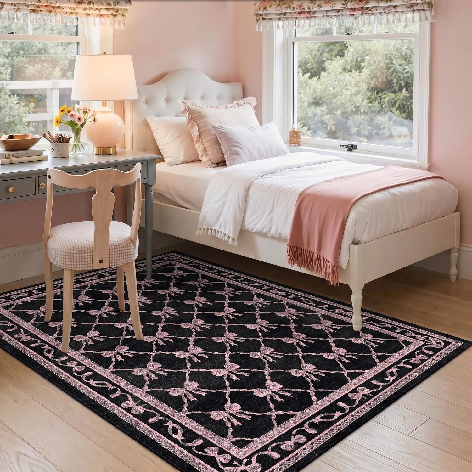 image:imageGENIMO Area Rugs 6X9 for Living Room Bedroom Machine Washable Non Slip Flower Bow Rug Low Pile Soft Cute Floral Rug for Dining Room Girls Room Nursery Room and Playroom Pink BowBlack Pink Bow