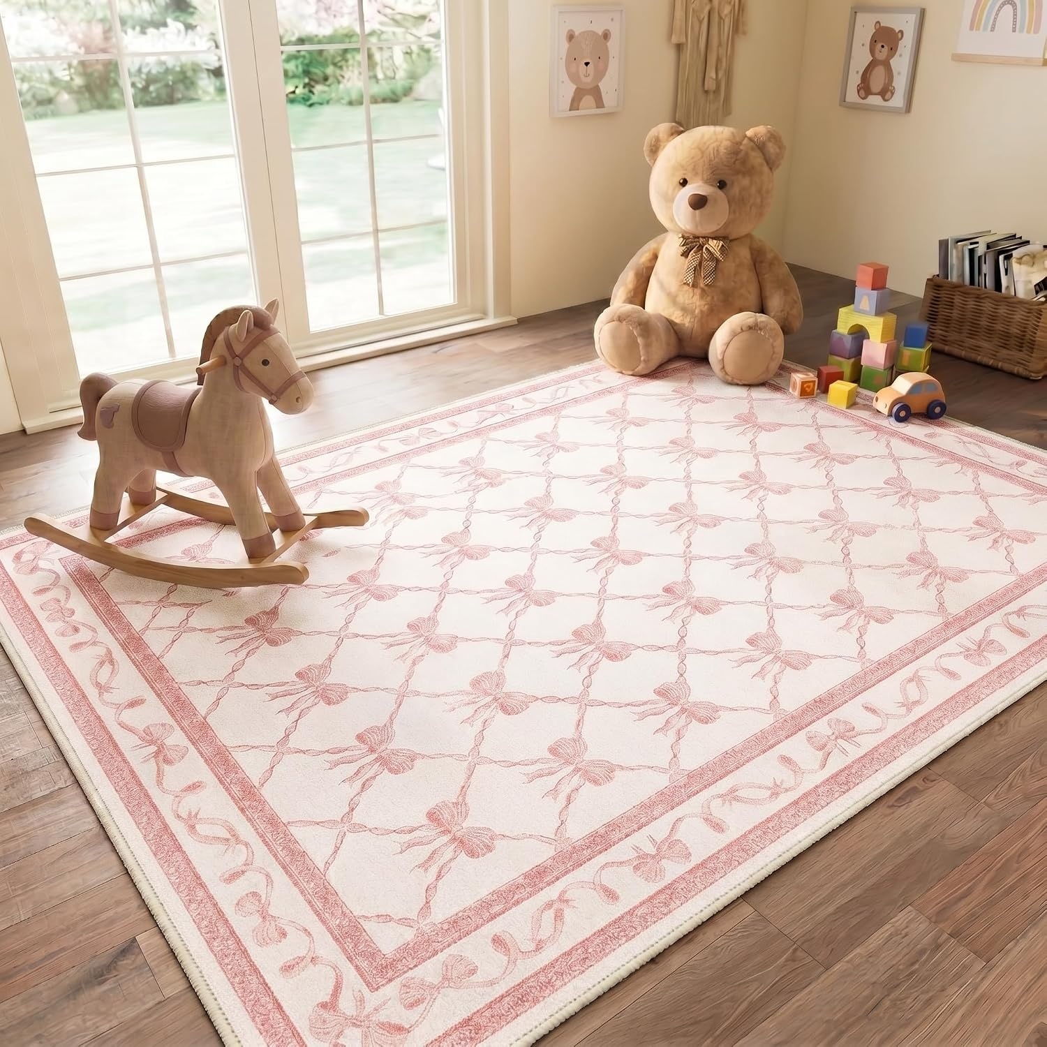 image:imageGENIMO Area Rugs 6X9 for Living Room Bedroom Machine Washable Non Slip Flower Bow Rug Low Pile Soft Cute Floral Rug for Dining Room Girls Room Nursery Room and Playroom Pink BowPink Bow
